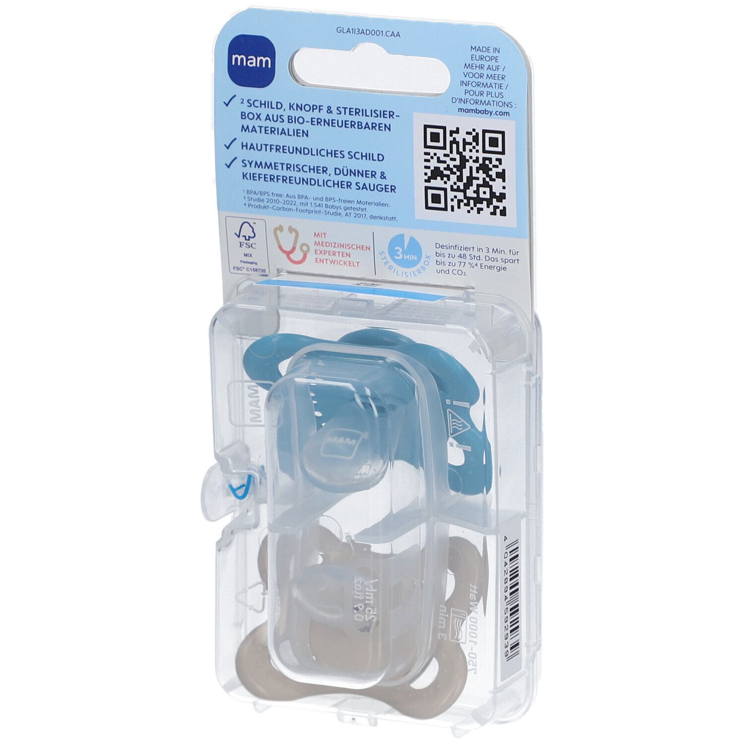 Emballage de deux sucettes. Vue arrière. Marque : MAM. Détails : 2 boucliers, bouton en matériaux bio.