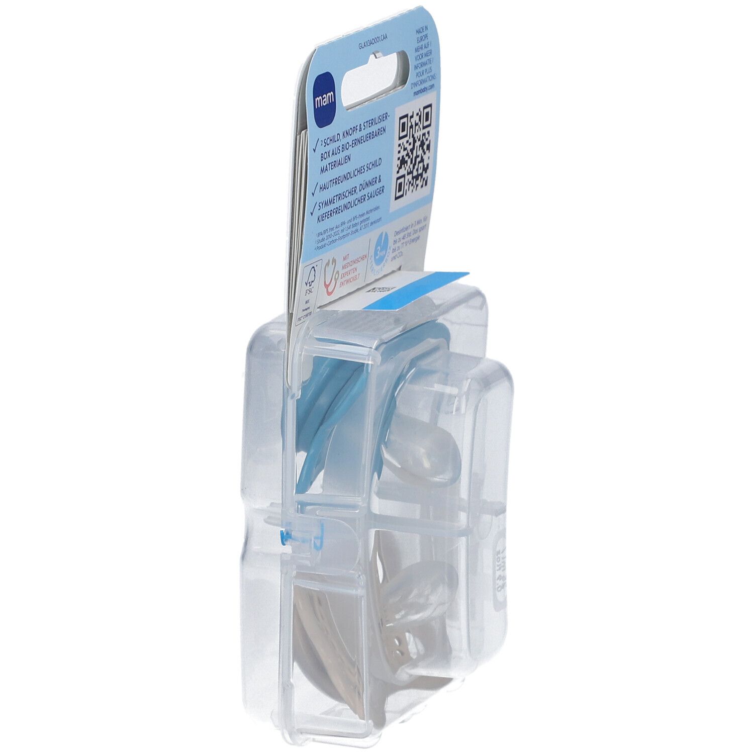 Emballage de deux sucettes. Vue latérale. Marque : MAM. Détails : 2 boucliers, bouton en matériaux bio.