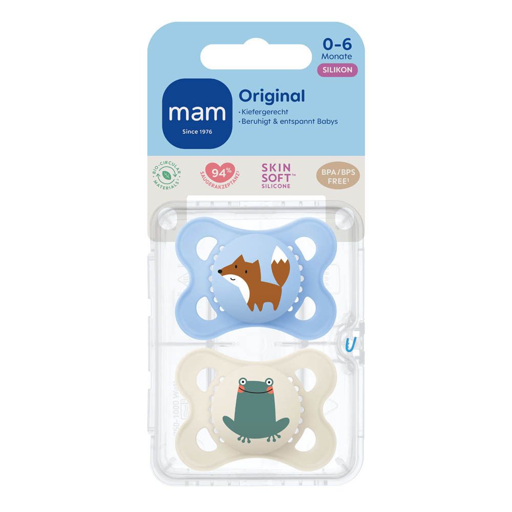 Deux sucettes MAM Original Pure en silicone (0-6 mois) avec motifs renard et grenouille, emballées.
