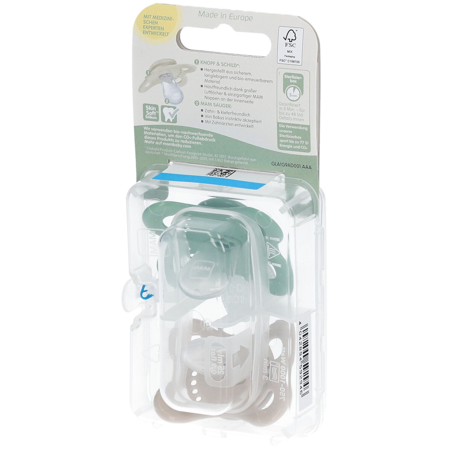 Dos de l'emballage avec deux sucettes. Vert et beige, motifs animaux. Marque MAM, Original Pure. 0-6 mois.