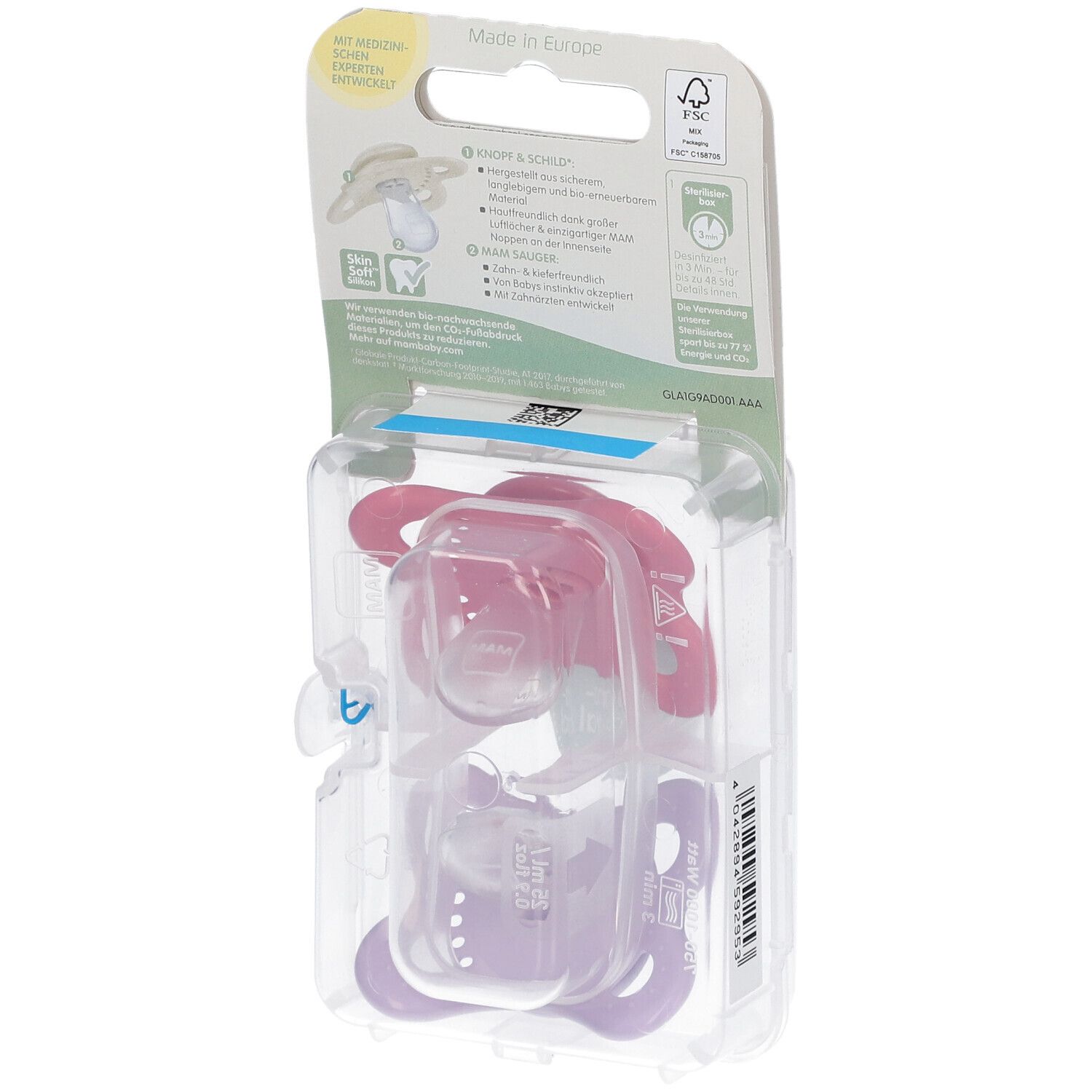 Dos de l'emballage avec deux sucettes. Sucettes rose et violette. Informations produit et logo MAM.