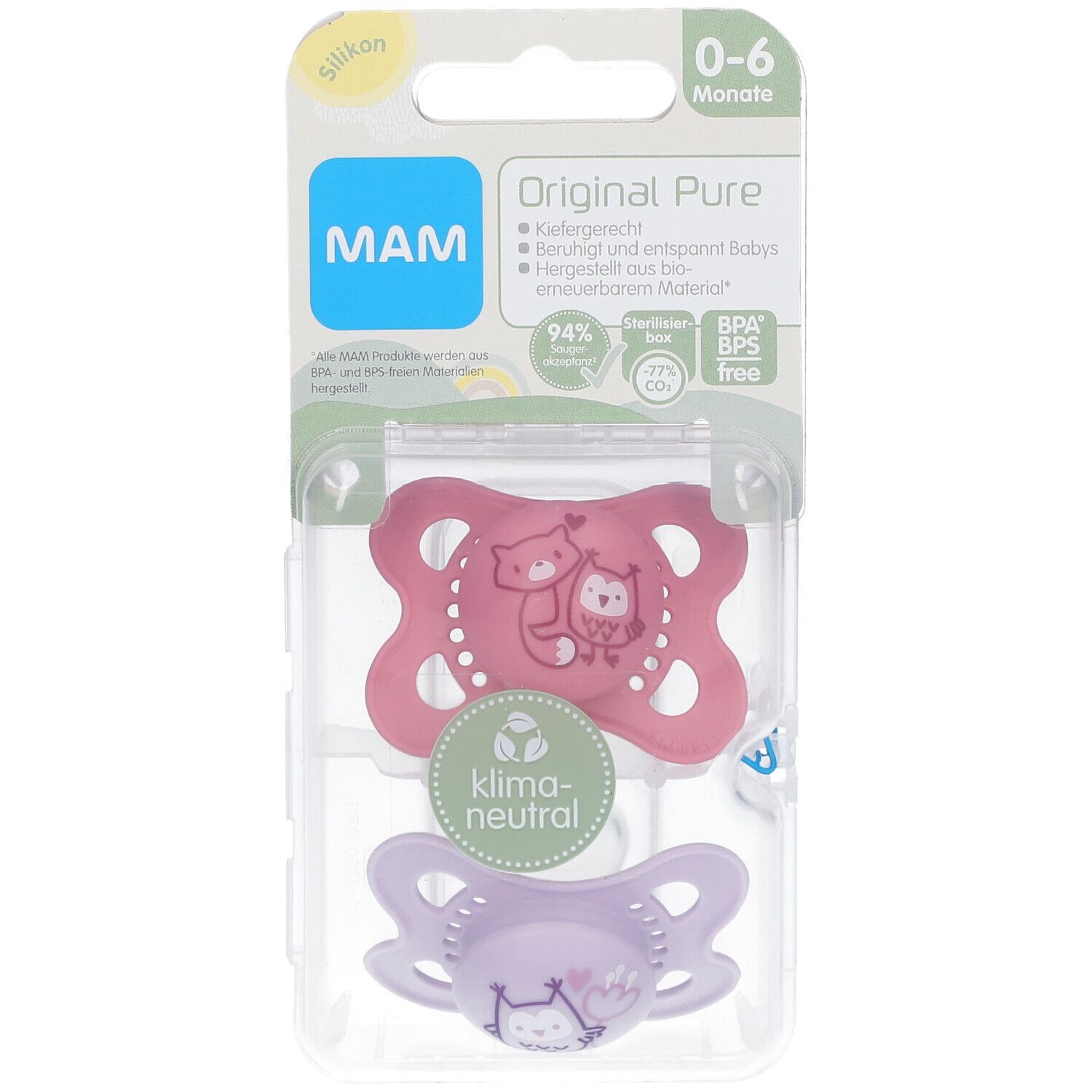 Deux sucettes en silicone rose et violet avec motifs animaux, dans un emballage. Logo MAM et informations produit visibles.