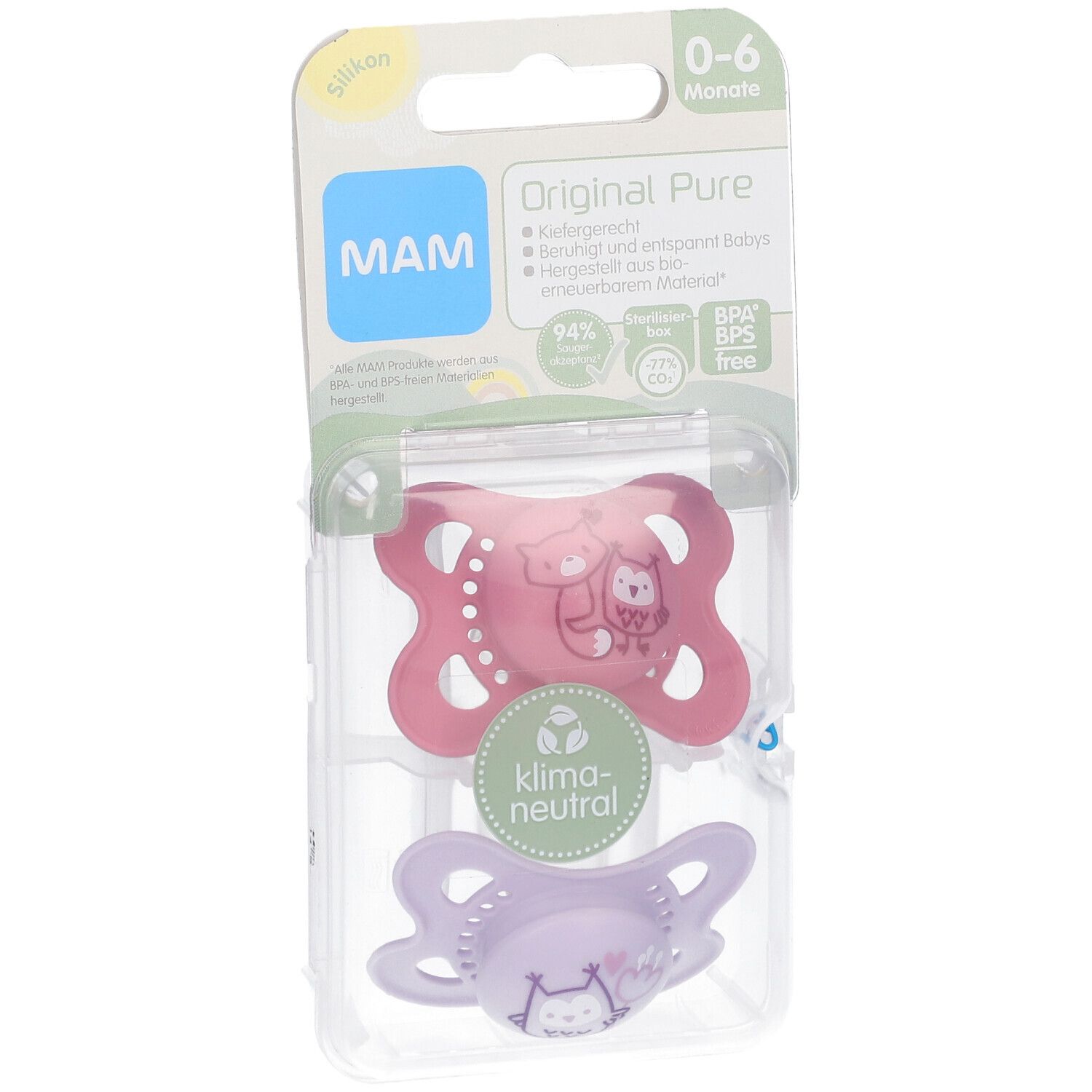 Deux sucettes en silicone rose et violet avec motifs animaux, dans un emballage. Logo MAM et informations produit visibles.