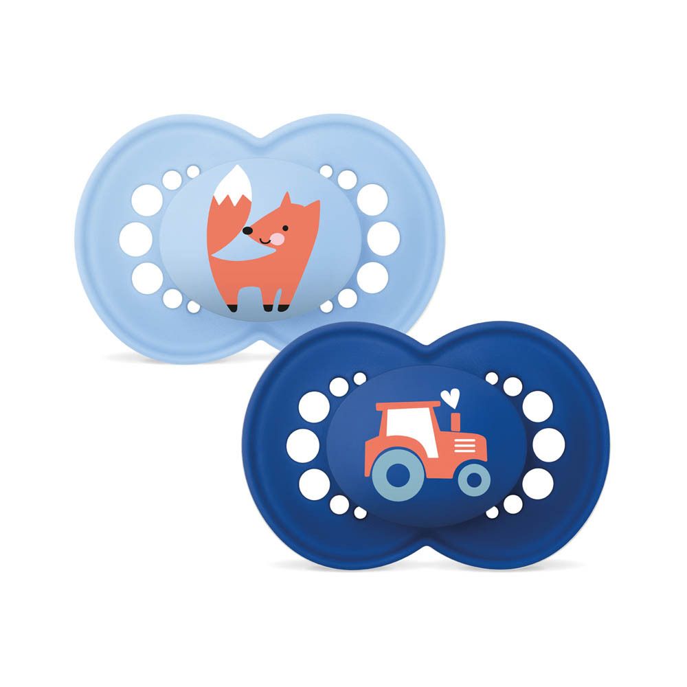 Deux sucettes MAM Original Pure en silicone (6-16 mois) avec motifs renard et ours.