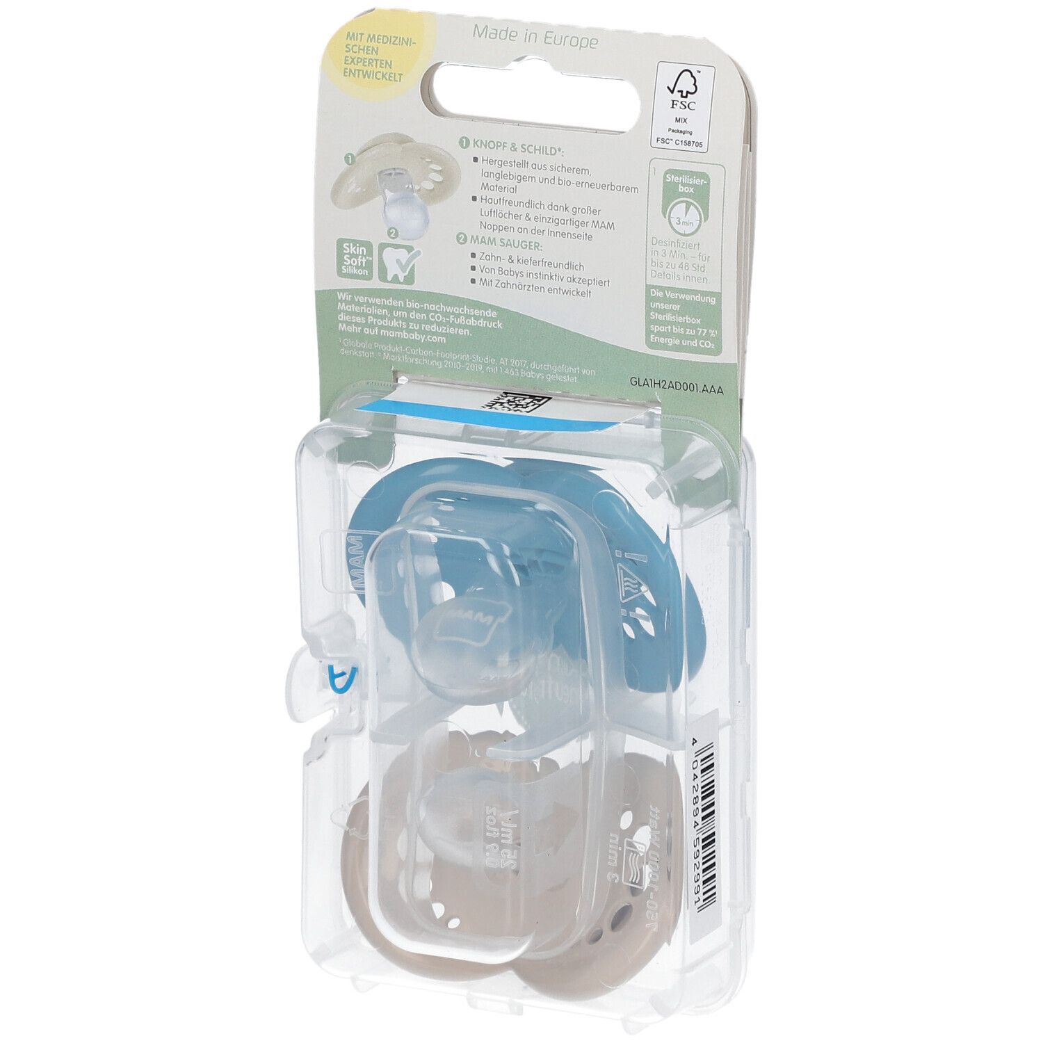 Emballage avec deux sucettes. Bleu avec ours, beige avec renard. Informations produit au dos. Âge recommandé: 6-16 mois.