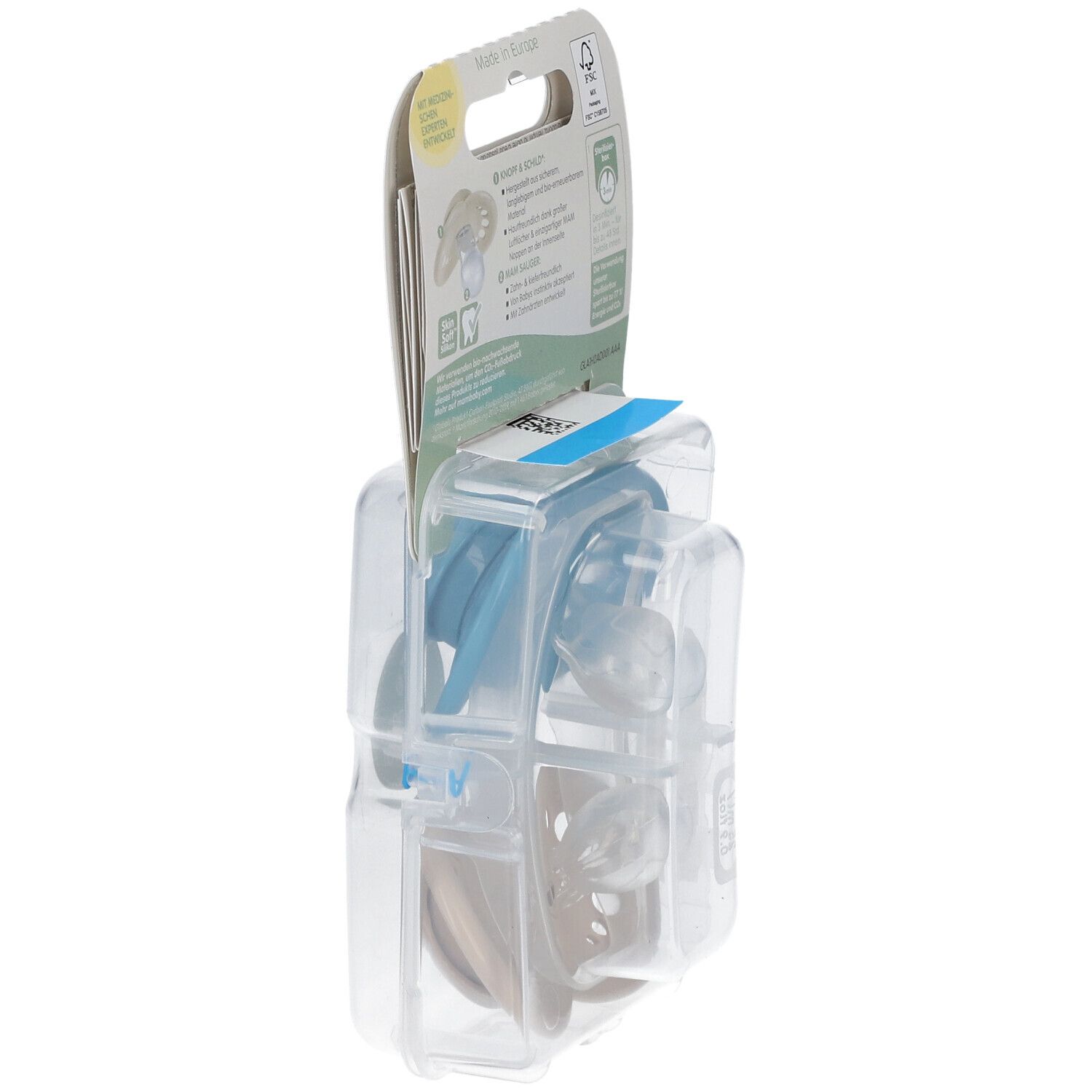 Emballage avec deux sucettes. Bleu avec ours, beige avec renard. Vue latérale. Âge recommandé: 6-16 mois.