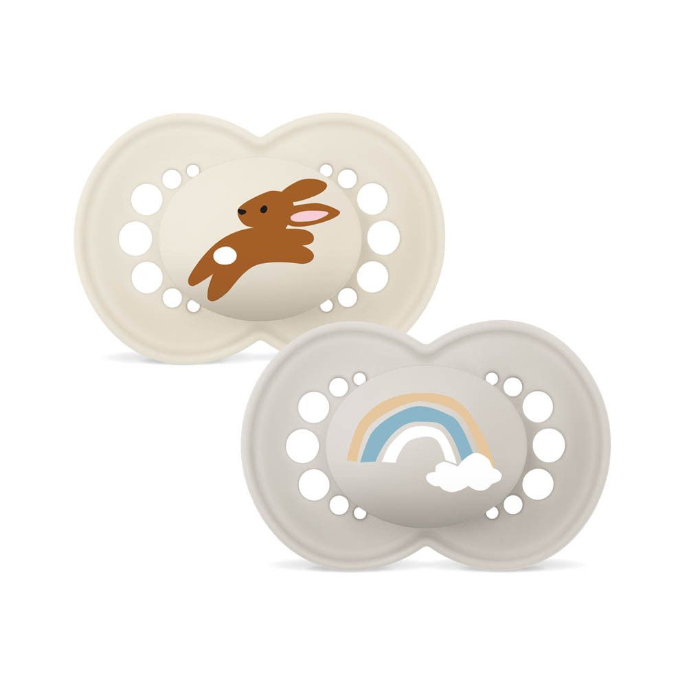 Deux sucettes MAM Original Pure (6-16 mois) avec motifs animaux, séparées.