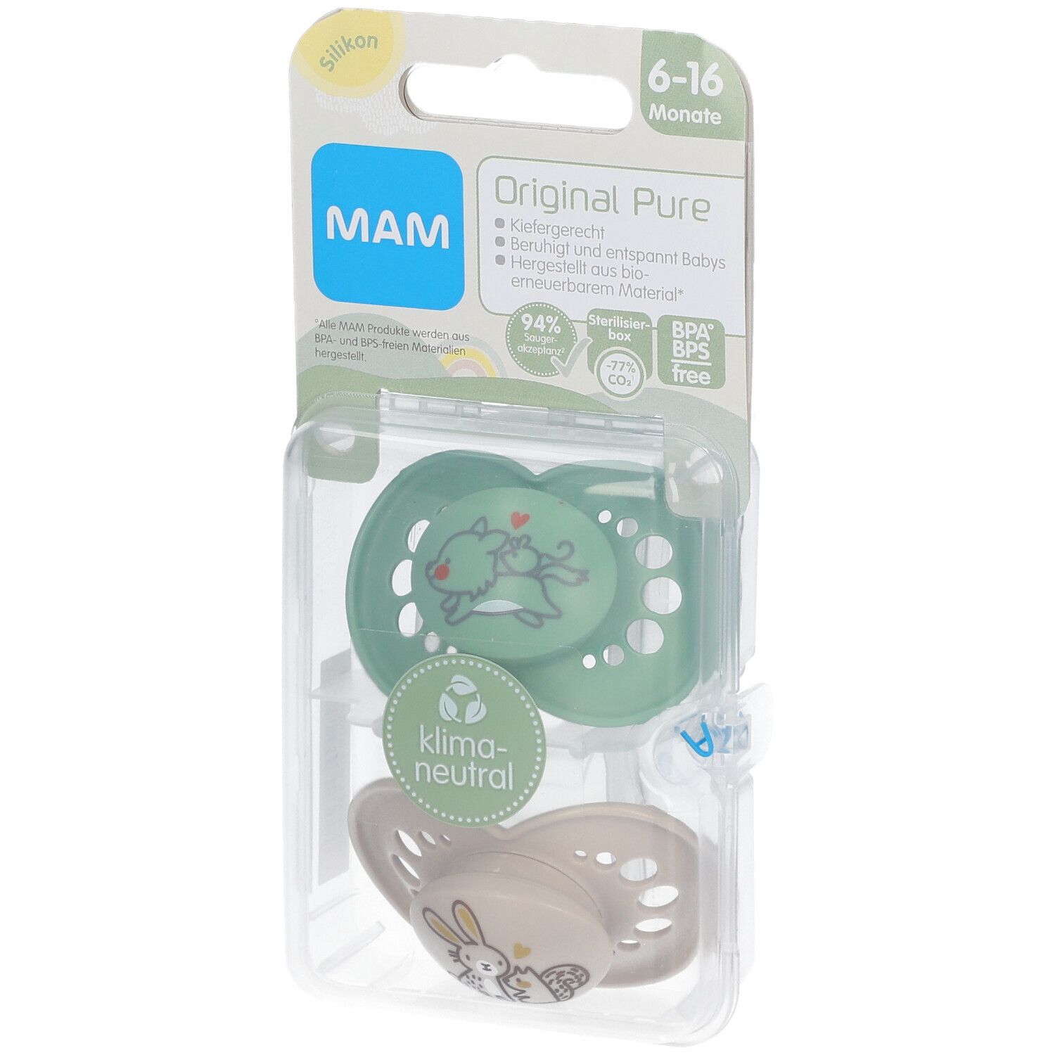 Emballage de deux sucettes. Vert et écru, motifs animaux. Marque MAM, 6-16 mois.