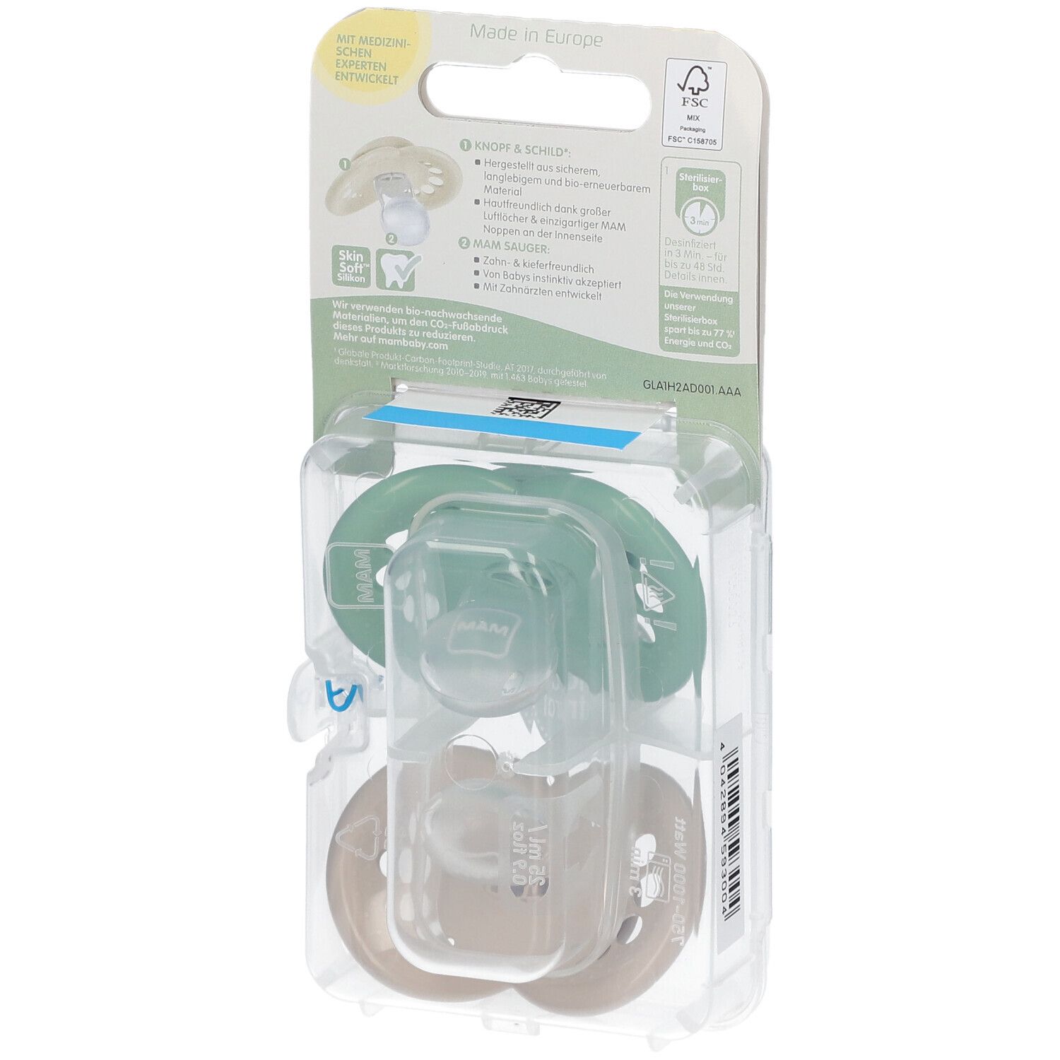 Dos de l'emballage de deux sucettes. Vert et écru. Marque MAM, 6-16 mois.