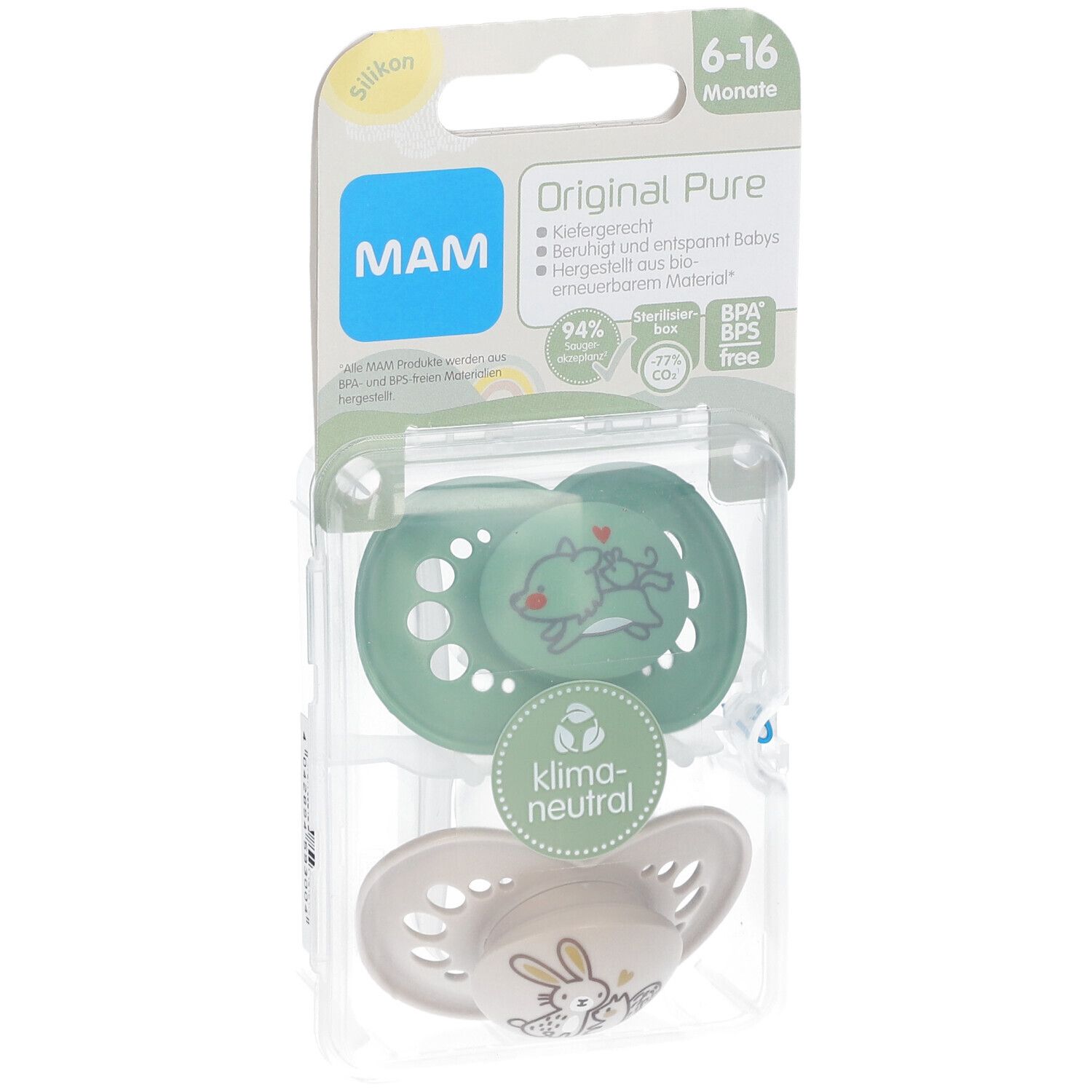 Emballage de deux sucettes. Vert et écru, motifs animaux. Marque MAM, 6-16 mois.