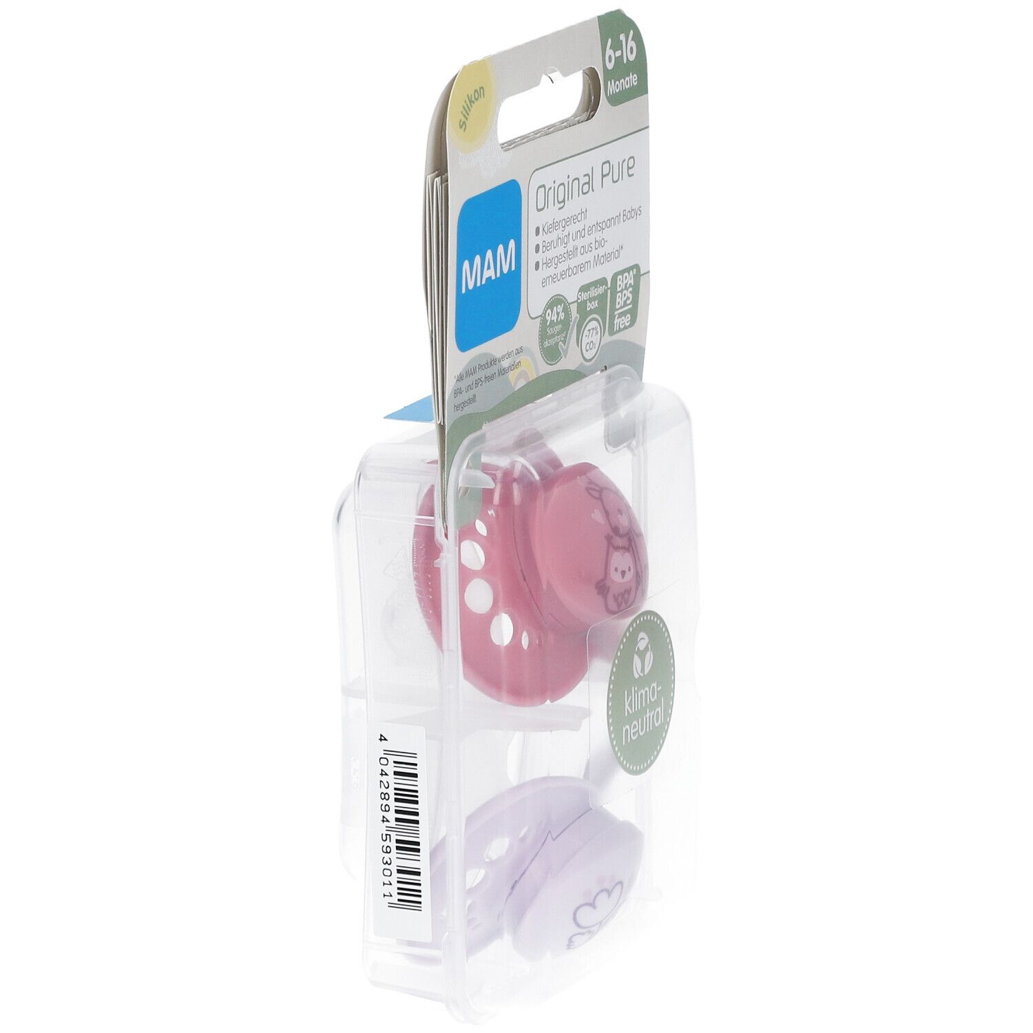 Emballage de deux sucettes, vue latérale. Sucette rose avec motifs cerf et oiseau, sucette lilas avec motif oiseau. Marque MAM.