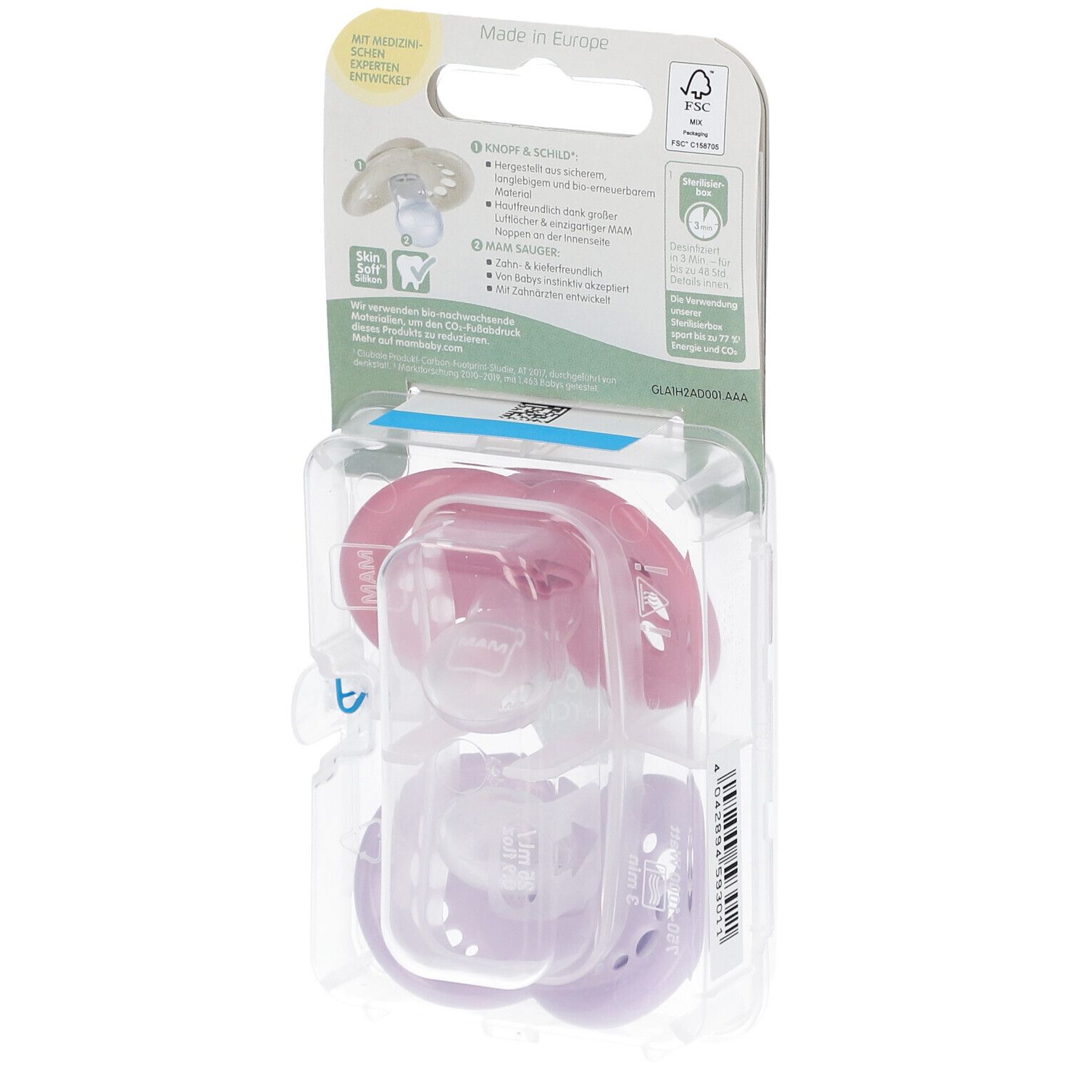 Dos de l'emballage de deux sucettes. Sucettes roses et lilas. Informations sur les matériaux et certifications. Marque MAM.