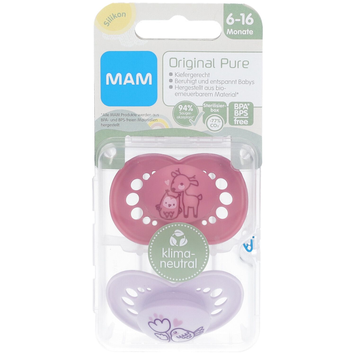 Emballage de deux sucettes. Sucette rose avec motifs cerf et oiseau, sucette lilas avec motif oiseau. Marque MAM, âge 6-16 mois.