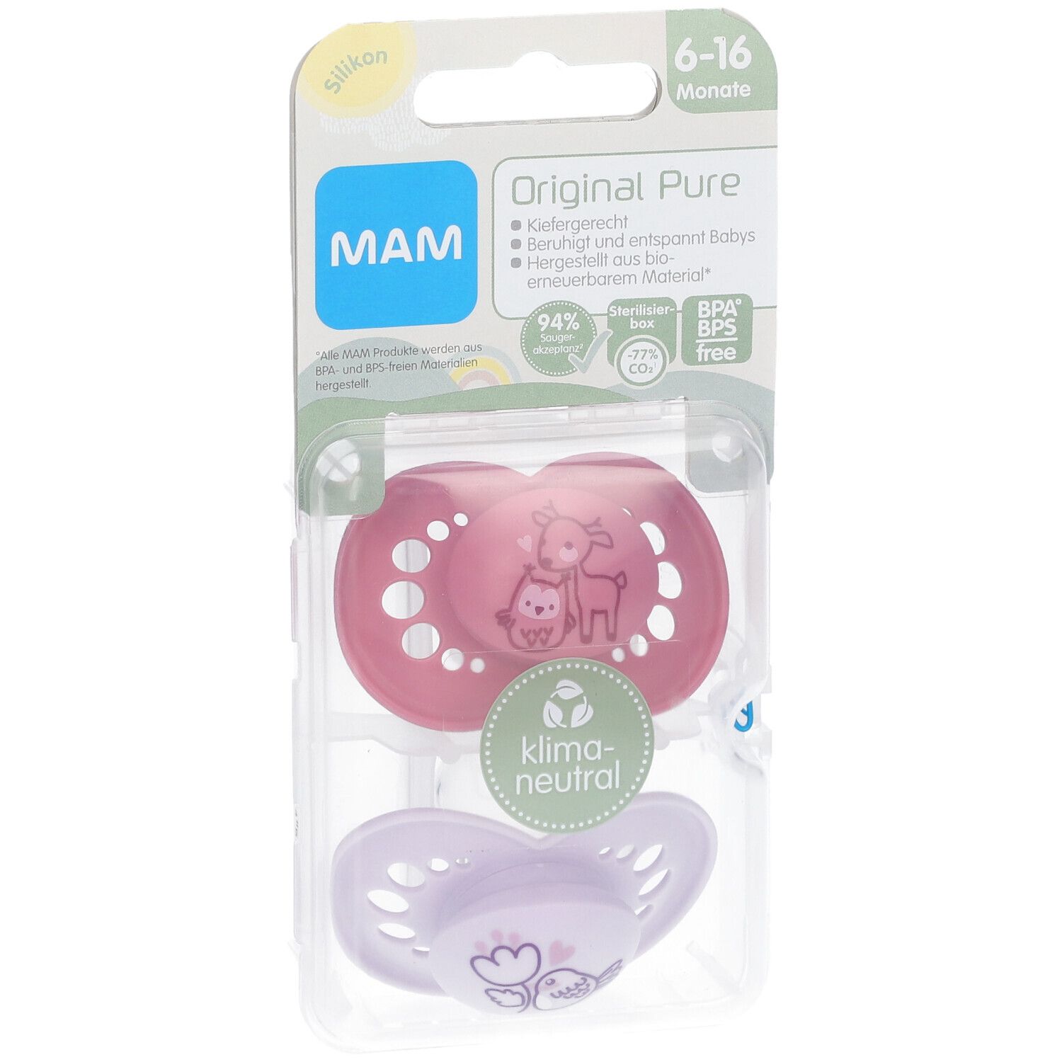 Emballage de deux sucettes. Sucette rose avec motifs cerf et oiseau, sucette lilas avec motif oiseau. Marque MAM, âge 6-16 mois.