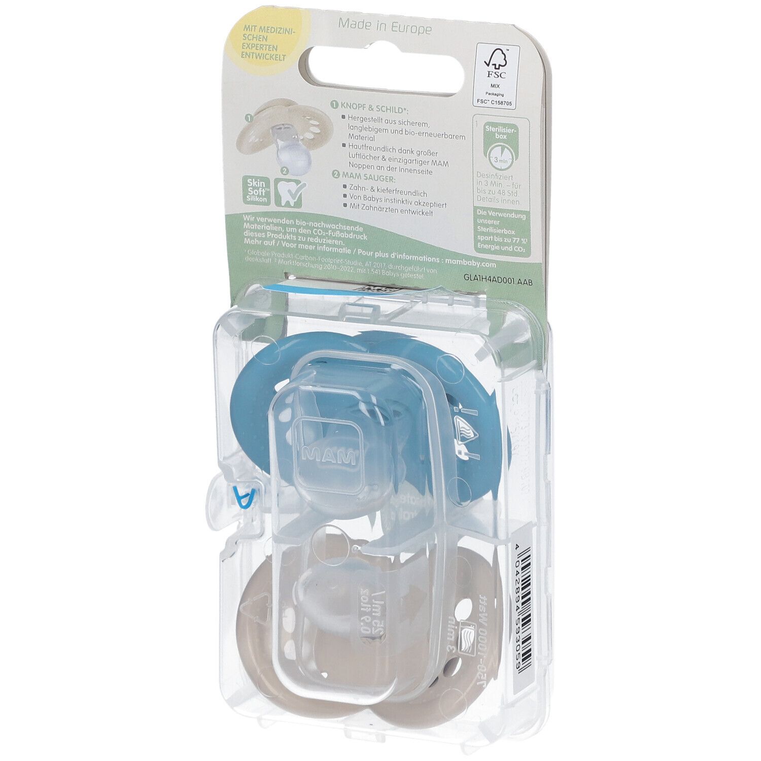 Dos de l'emballage avec deux sucettes. MAM Original Pure, 16+ mois. Informations en allemand.