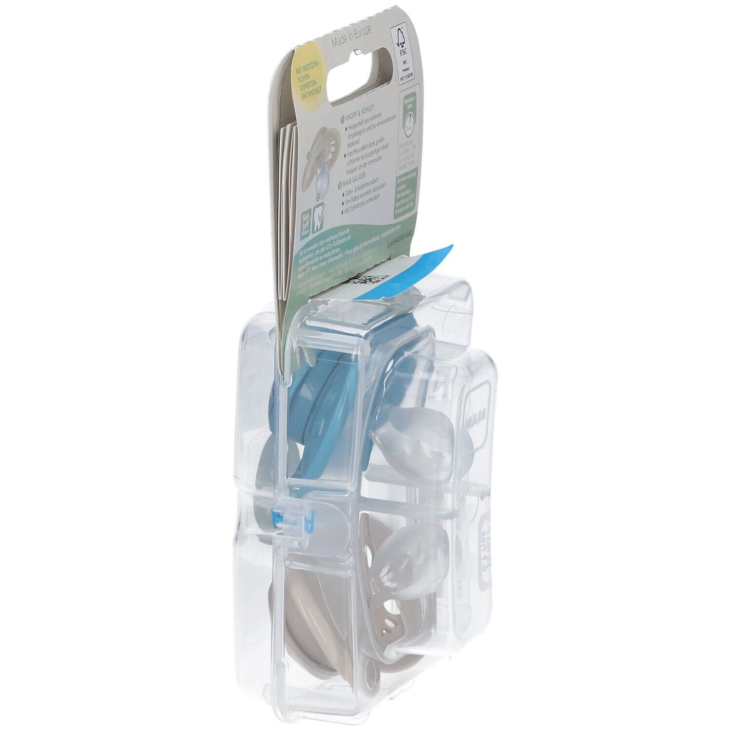 Emballage avec deux sucettes, vue latérale. MAM Original Pure, 16+ mois.