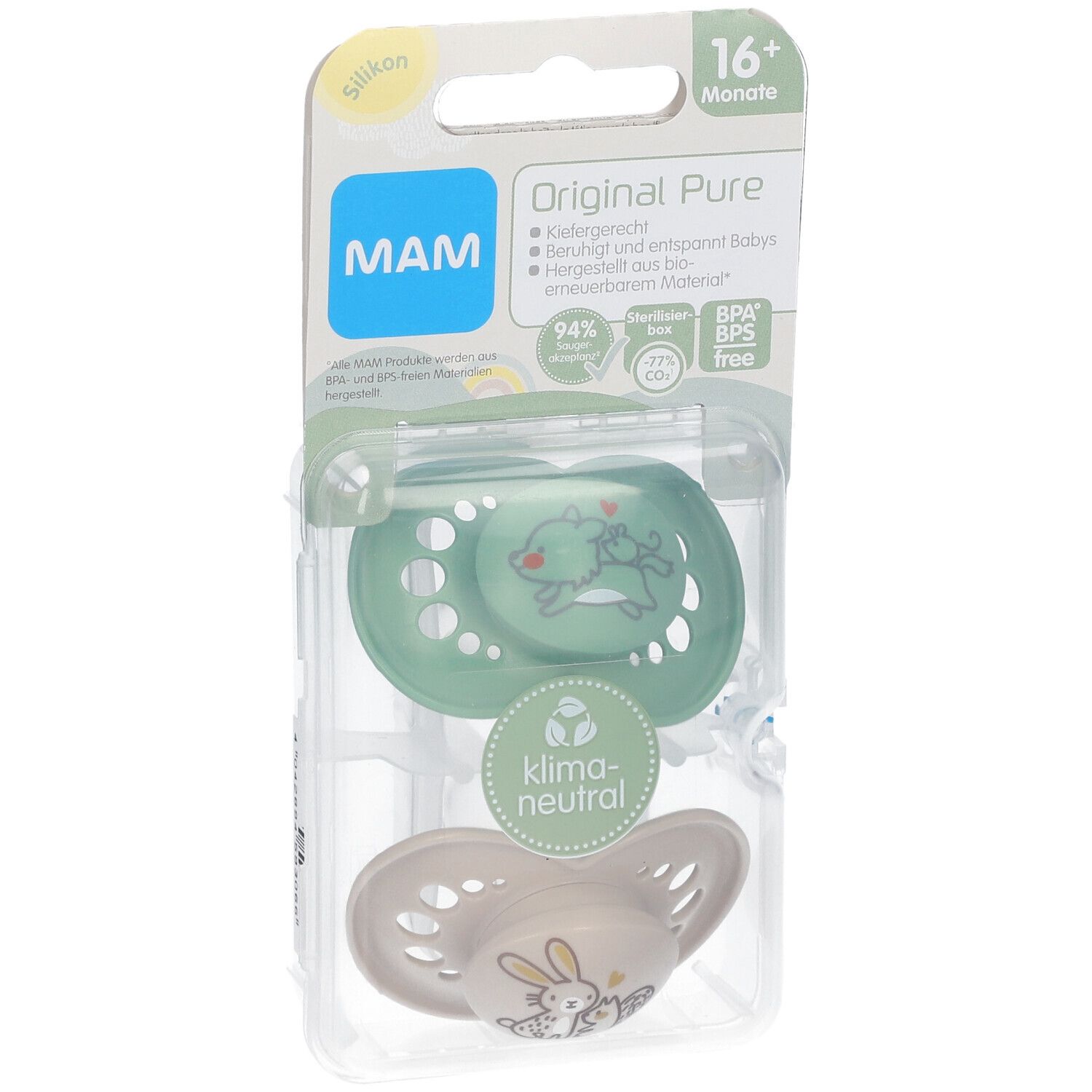 Sucette MAM Original Pure, 16+ mois. Deux sucettes dans un emballage. Vert et beige. Motif : loup/lapin. Emballage avec logo et informations produit.