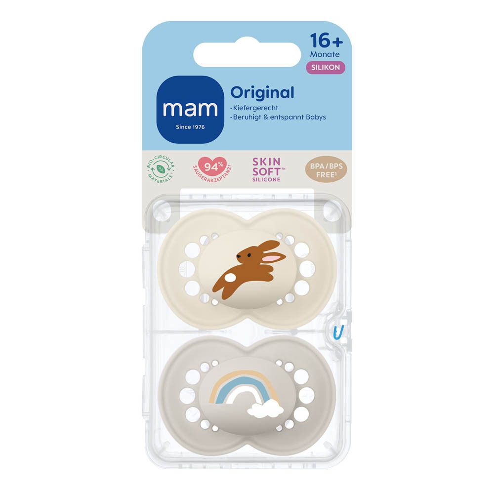 Emballage avec deux sucettes MAM Original Pure (16+ mois). Une beige avec lapin, une beige avec arc-en-ciel.