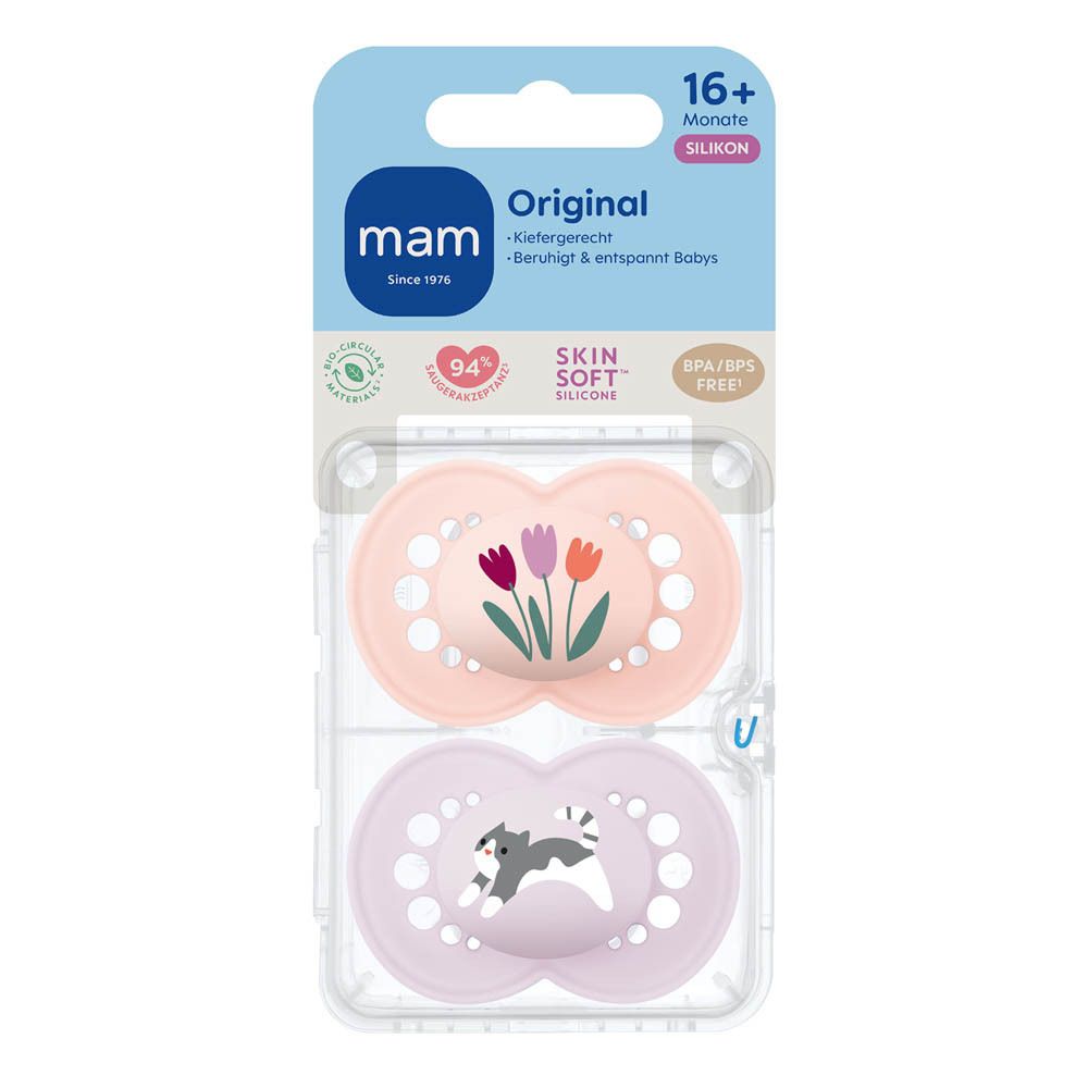 Deux sucettes MAM Original Pure en silicone, 16+ mois, rose avec fleurs et lilas avec chat, en emballage commercial.