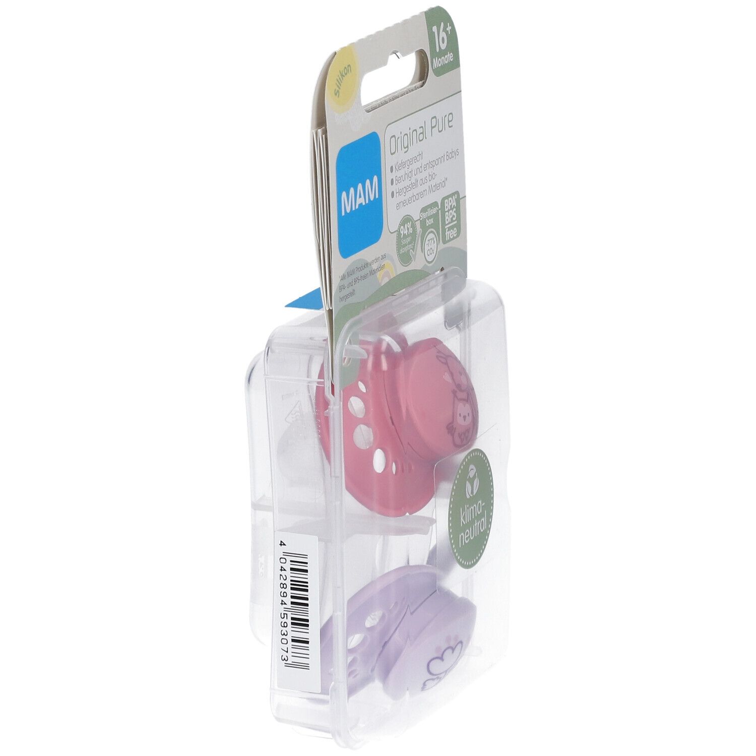 Emballage avec deux sucettes. Sucettes roses et violettes dans un emballage plastique transparent. Logo MAM et informations produit sur l'emballage.