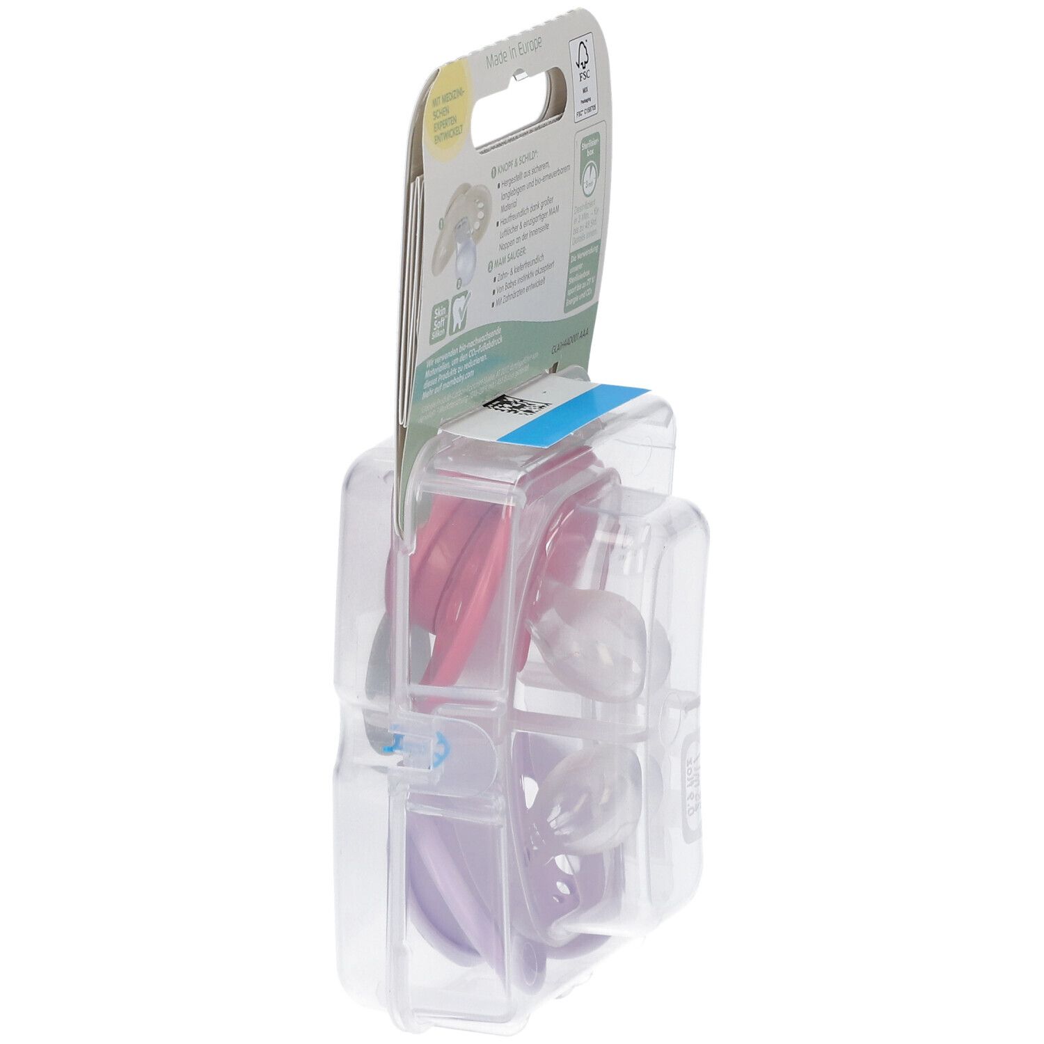 Vue latérale de l'emballage avec deux sucettes. Sucettes roses et violettes dans un emballage transparent. Informations sur le produit sur l'emballage.