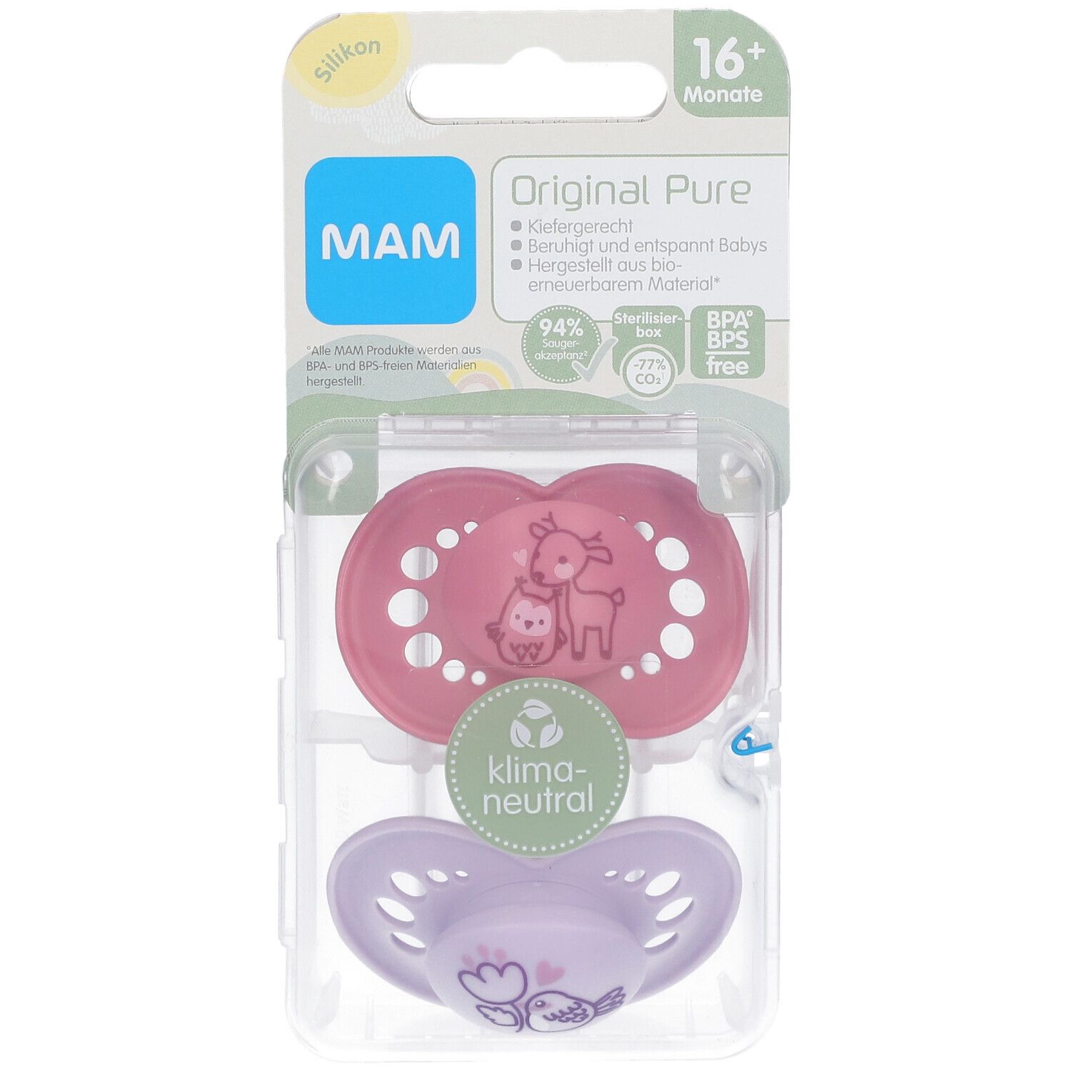 Deux sucettes dans un emballage. Sucette rose avec motif cerf et oiseau, sucette violette avec fleurs. Emballage avec logo MAM et informations.