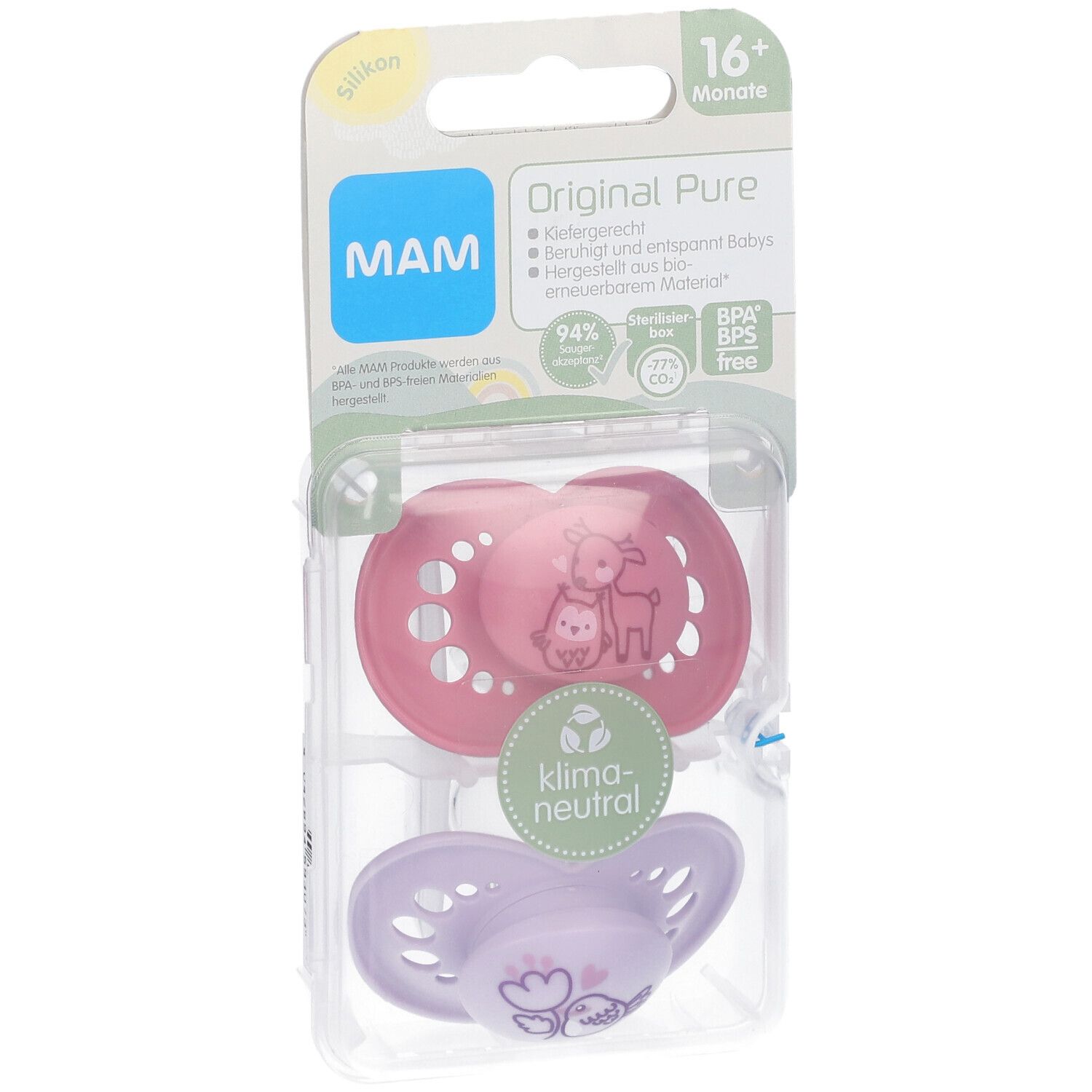 Deux sucettes dans un emballage. Sucette rose avec motif cerf et oiseau, sucette violette avec fleurs. Emballage avec logo MAM et informations.