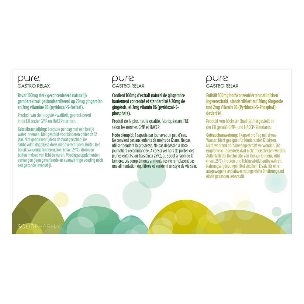 Dos de la boîte blanche avec informations produit en trois langues et éléments verts.