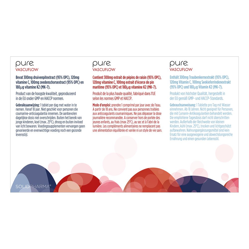 Deux boîtes « pure VASCUFLOW ». Texte en français. Des flèches pointent vers le texte et les illustrations. Fond marron.