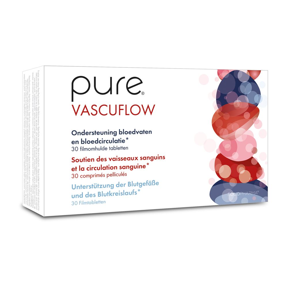 Boîte de pure® Vascuflow. Contient 30 comprimés pelliculés. Inscription : Soutien des vaisseaux sanguins et la circulation sanguine.
