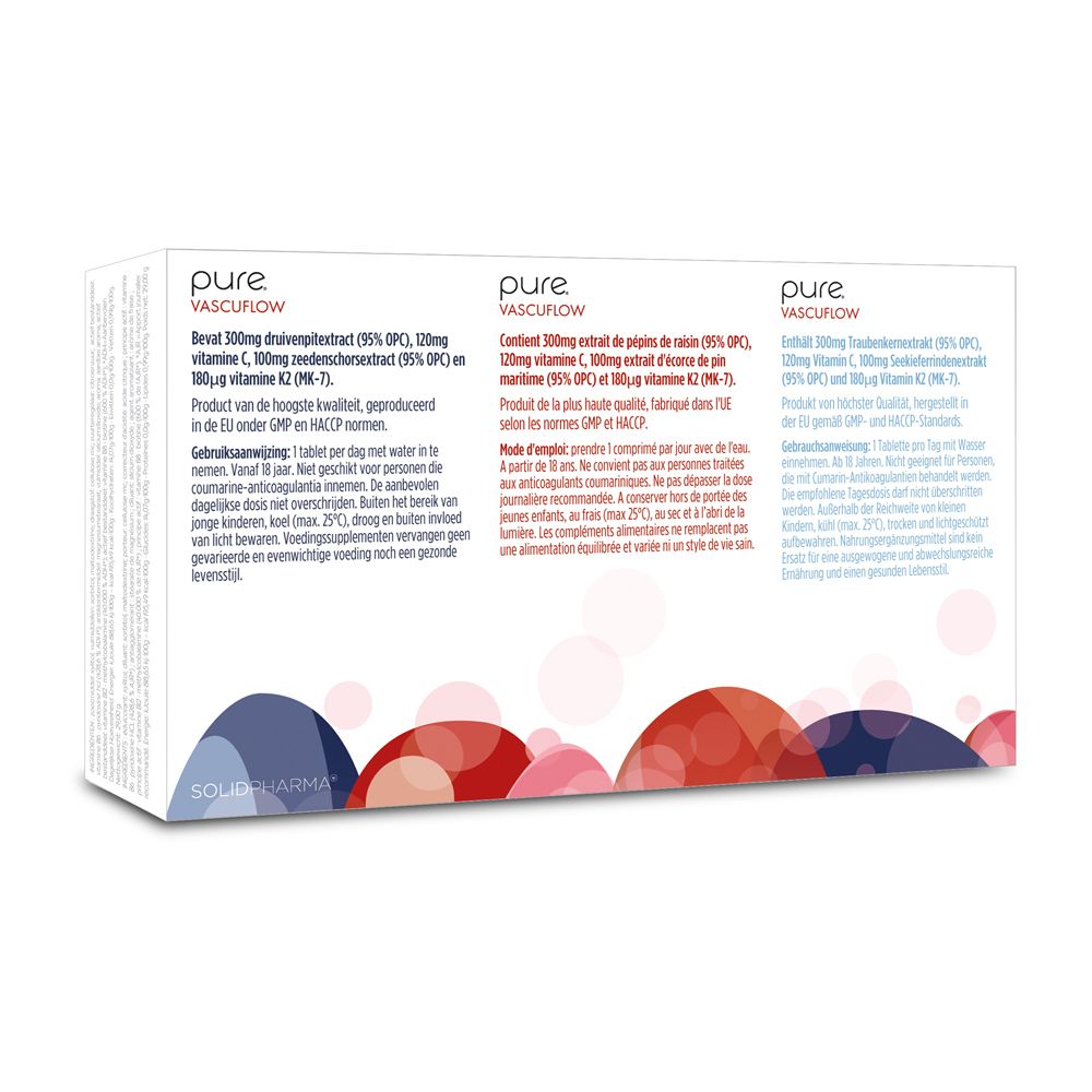 Dos de la boîte pure® Vascuflow. Contient 30 comprimés. Informations multilingues.