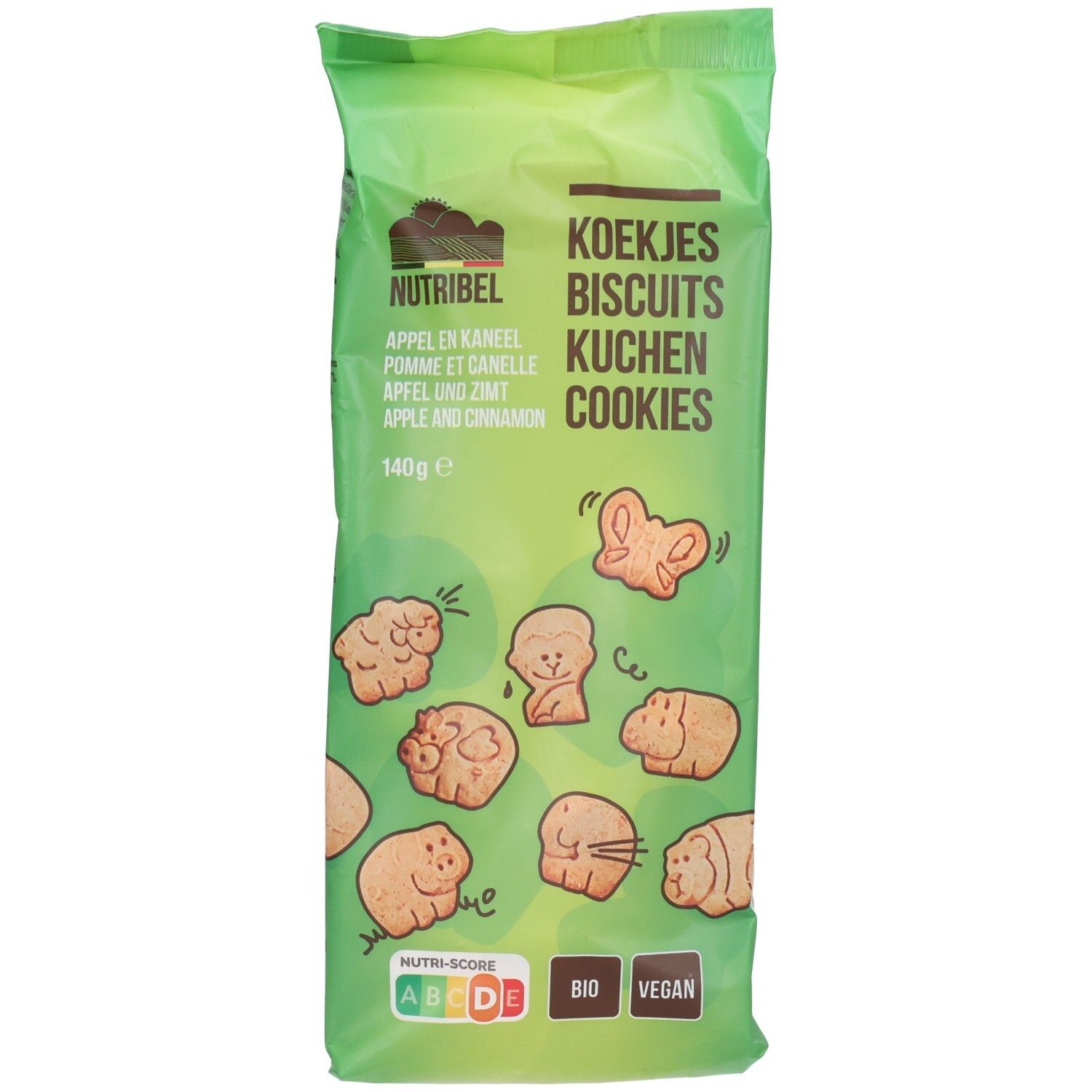 Emballage vert avec biscuits. Inscription: Koekjes, Appel Kaneel, 140g. Bio, Vegan. Différentes formes d'animaux.