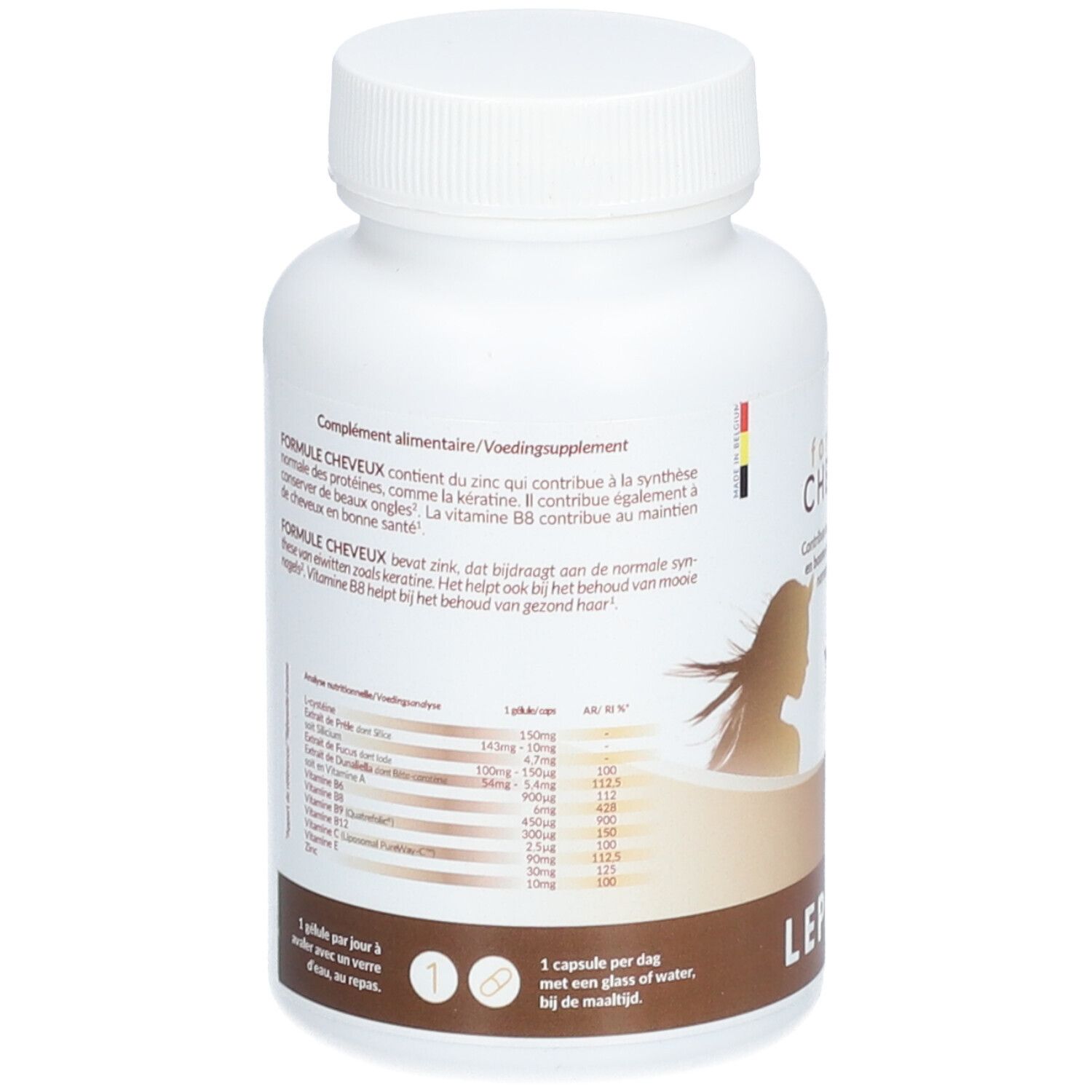 Dos d'un flacon blanc de gélules. Contient des informations sur les ingrédients et les valeurs nutritionnelles. Marque : Lepivits.