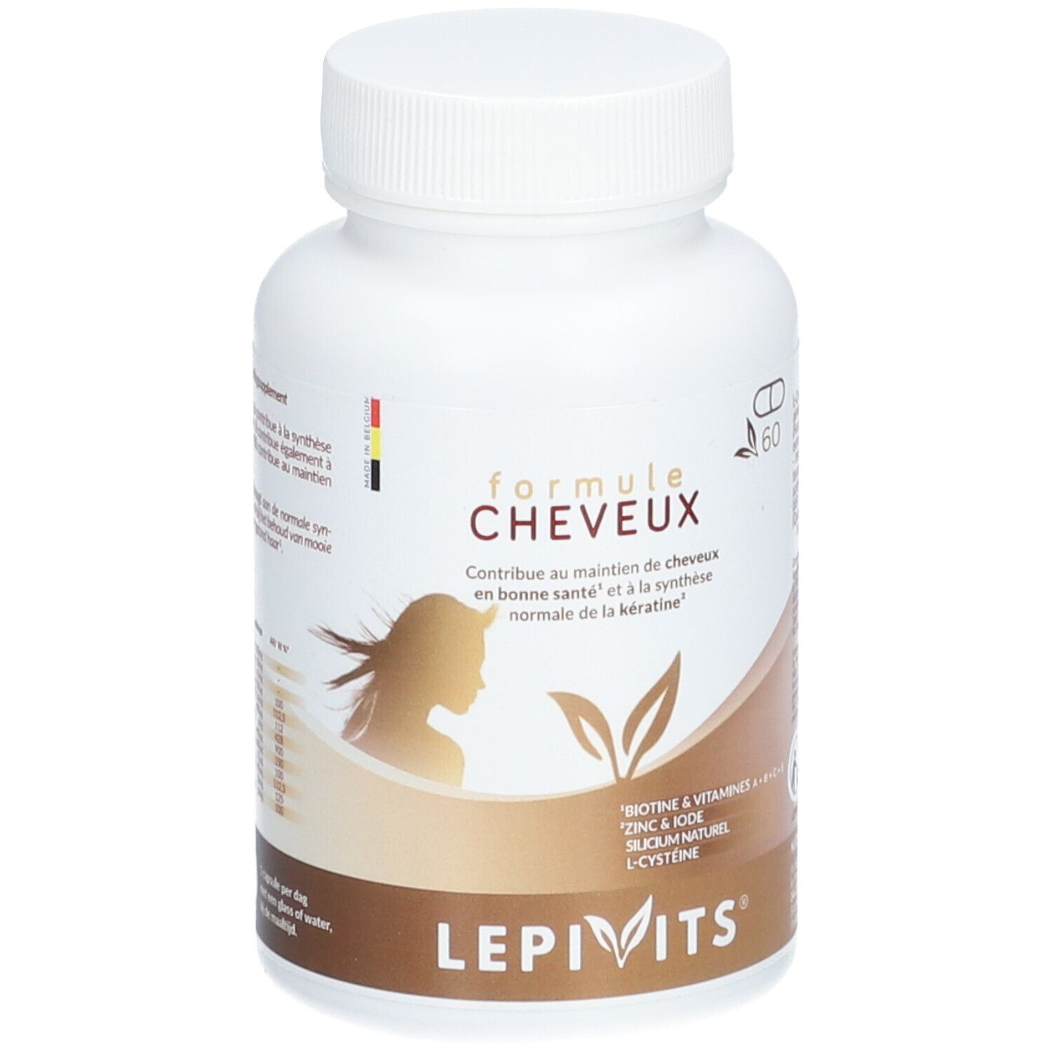 Flacon blanc de gélules. Inscription 'Formule Cheveux'. Contient biotine, zinc, iode et L-cystéine. Marque : Lepivits.