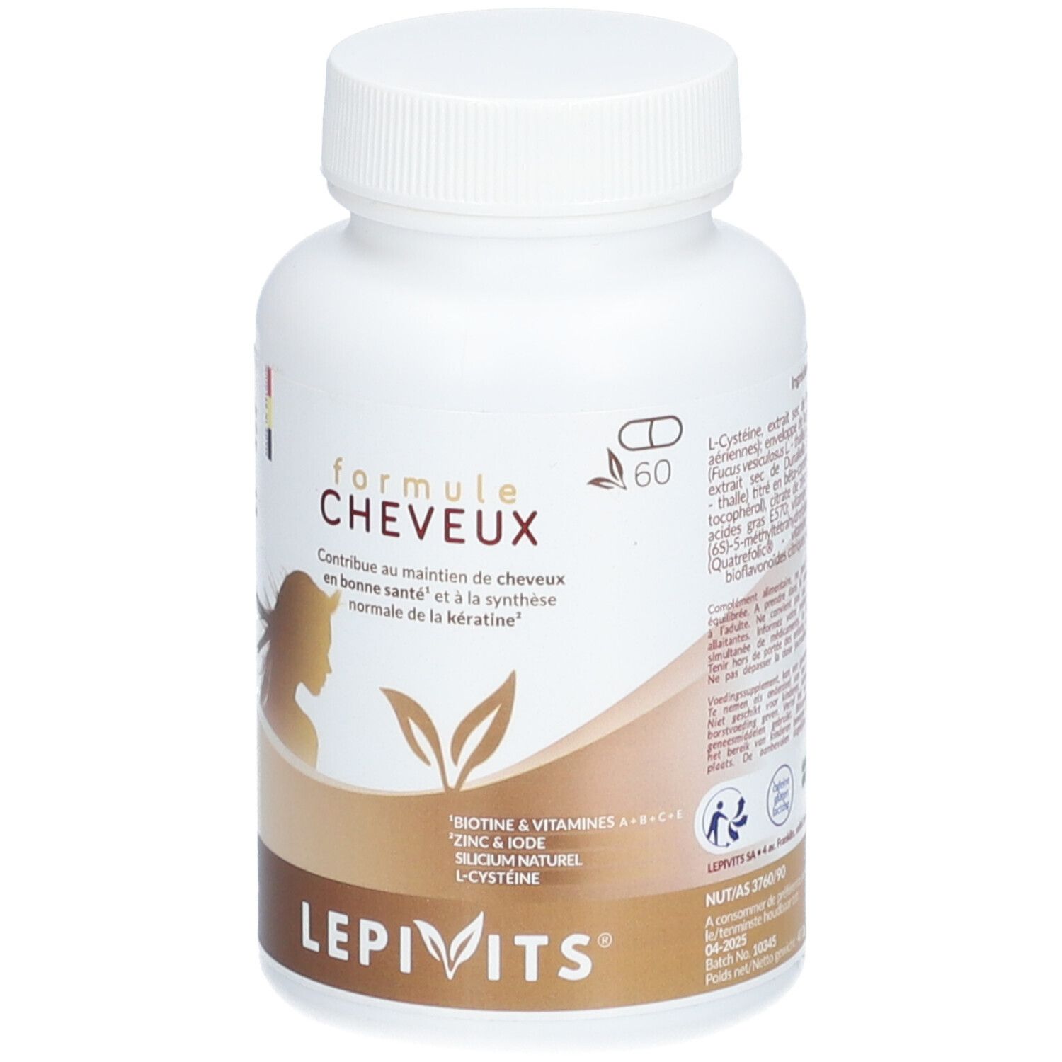 Flacon blanc de gélules. Inscription 'Formule Cheveux'. Contient biotine, zinc, iode et L-cystéine. Marque : Lepivits.
