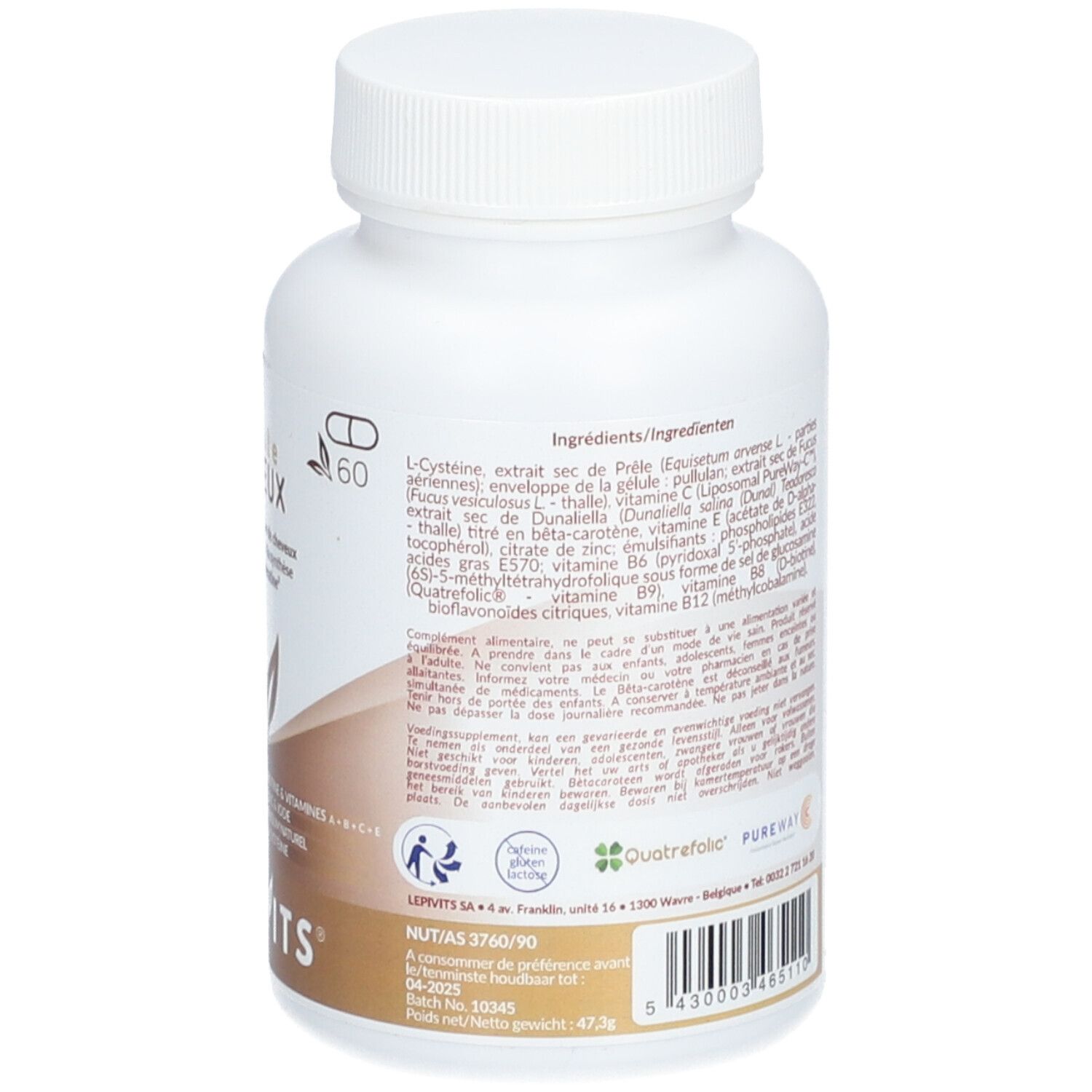 Dos d'un flacon blanc de gélules. Contient des informations sur les ingrédients et les valeurs nutritionnelles. Marque : Lepivits.