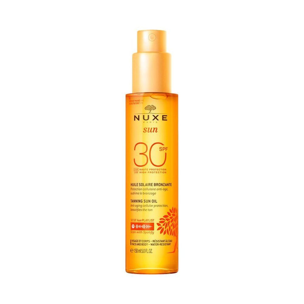 Huile Solaire Bronzante Nuxe Sun SPF30 dans un flacon pompe spray.