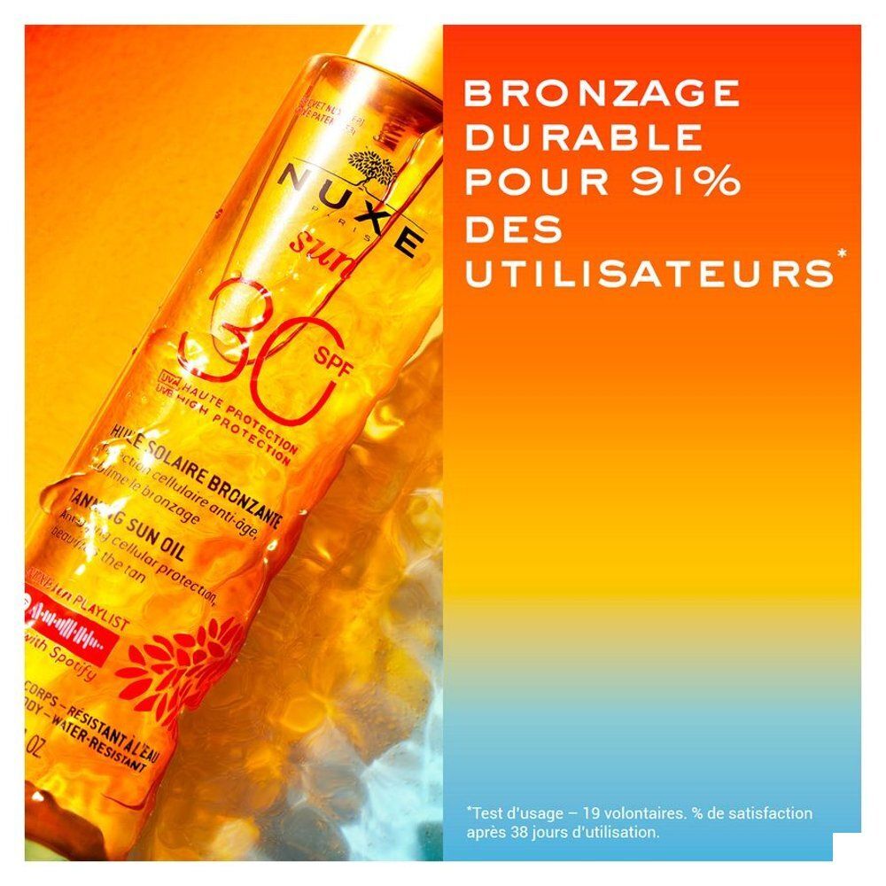 Huile Solaire Bronzante Nuxe Sun SPF30, vue de face.
