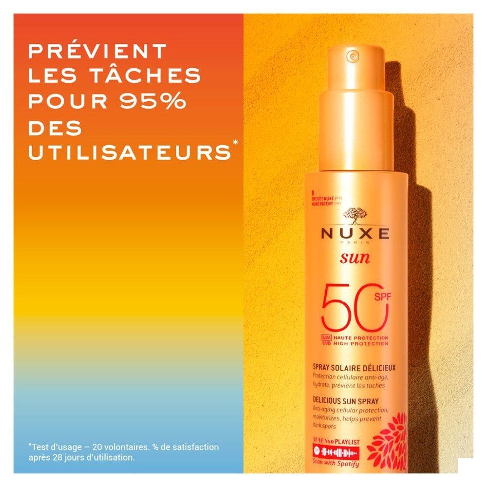 Dos du spray solaire NUXE SPF 50 avec ingrédients et certifications.