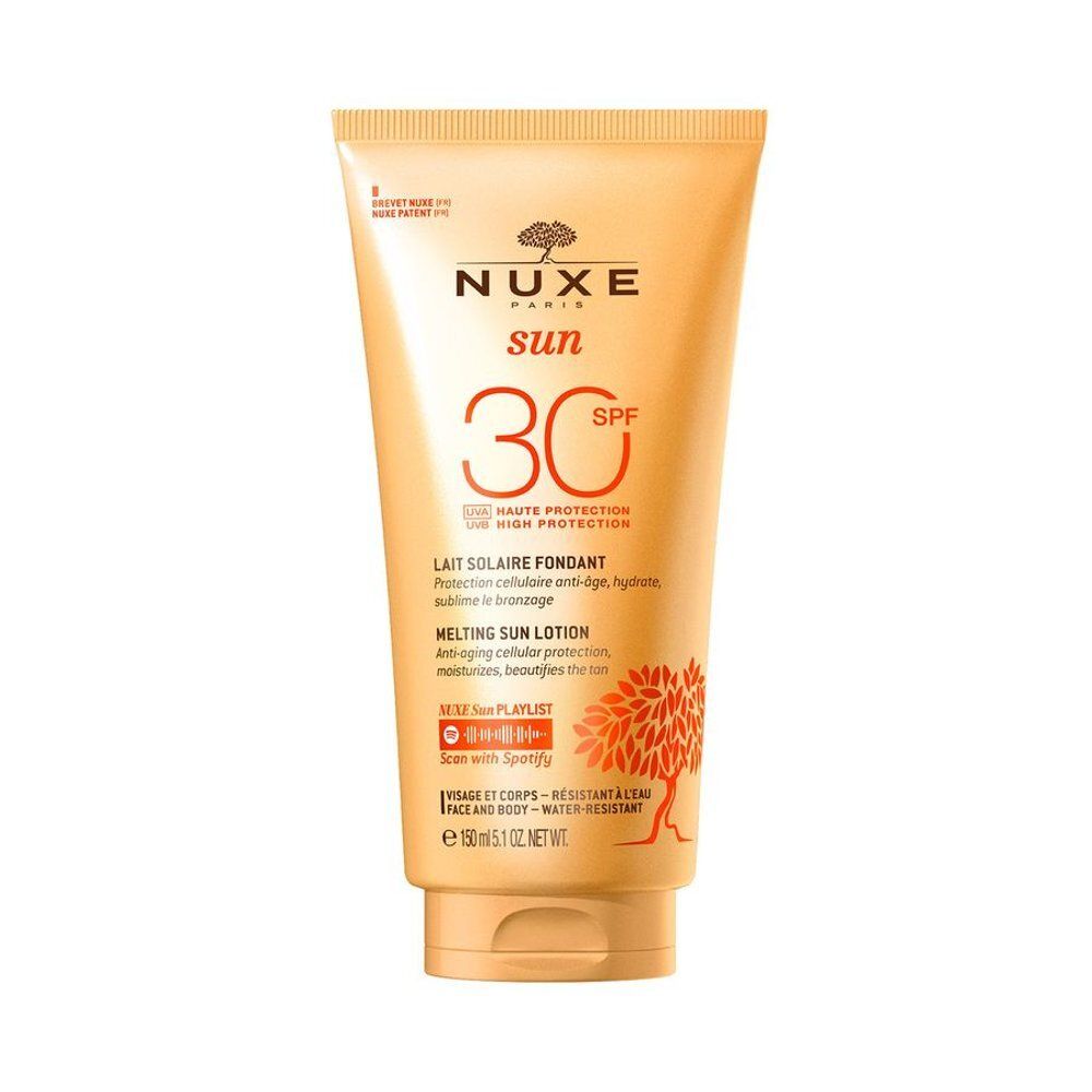 Nuxe Sun Lait Solaire Fondant SPF30, crème solaire pour le visage et le corps.
