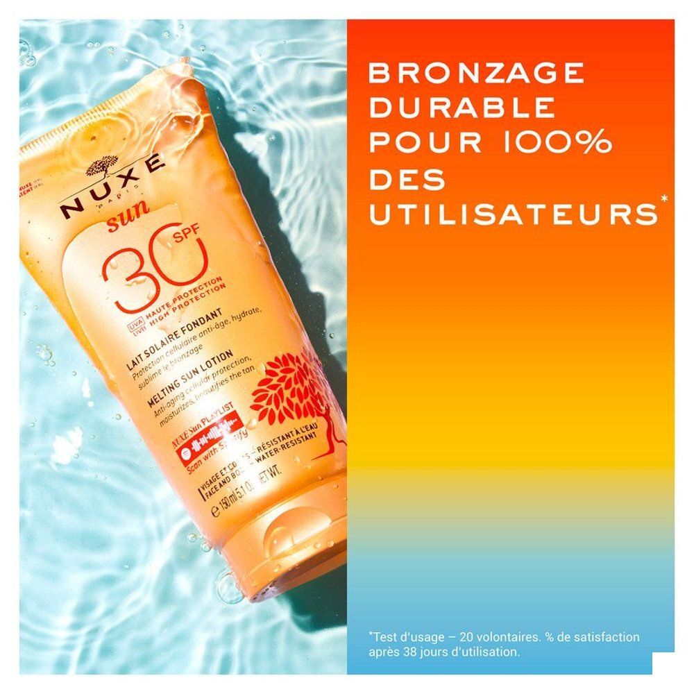 Nuxe Sun Lait Solaire Fondant SPF30, crème solaire pour le visage et le corps.