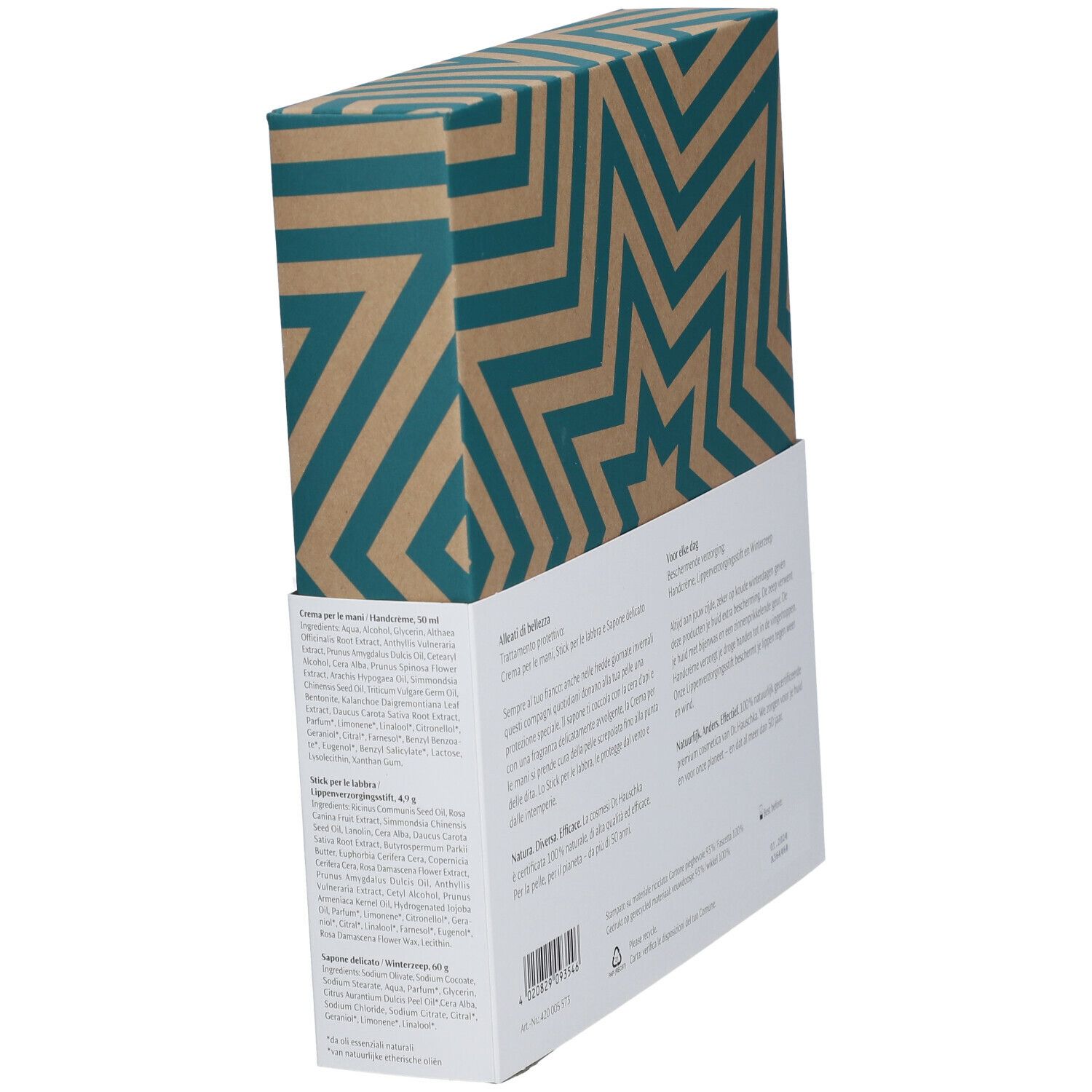 Dos du coffret cadeau avec motif étoiles vert et marron. Texte en allemand, italien, néerlandais. Contient des ingrédients.