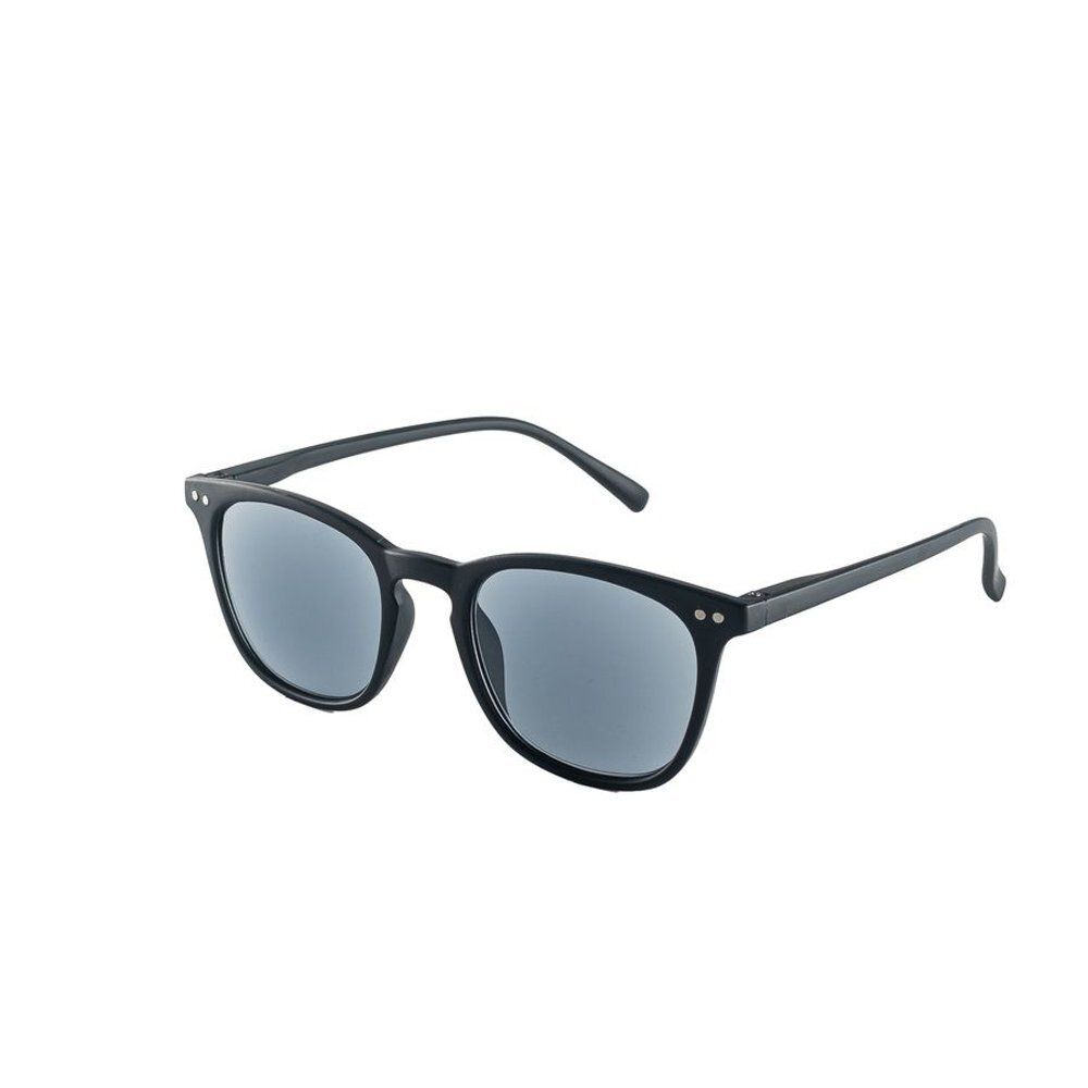 Lunettes de soleil noires. Verres ronds, monture noire. Branches avec petits détails argentés.