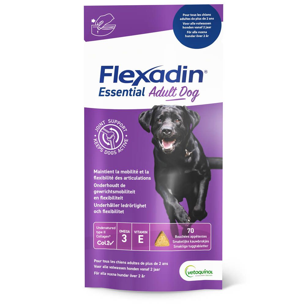 Sachet FLEXADIN Essential Adult Dog. Contient 70 comprimés à mâcher. Inscriptions : Oméga 3, Vitamine E, soutien articulaire. Emballage violet-blanc.