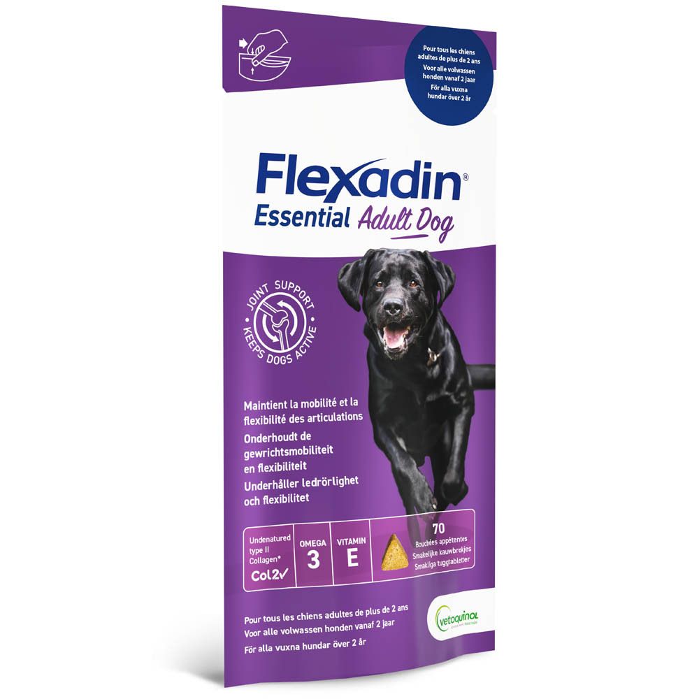 Sachet FLEXADIN Essential Adult Dog. Contient 70 comprimés à mâcher. Inscriptions : Oméga 3, Vitamine E, soutien articulaire. Emballage violet-blanc.