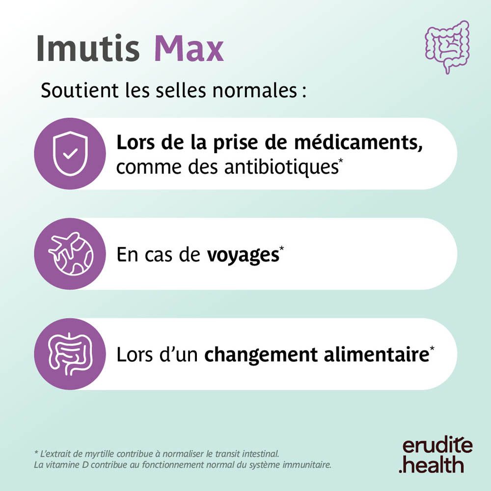 Boîte Imutis Max de 30 gélules, formule améliorée pour des selles normales.