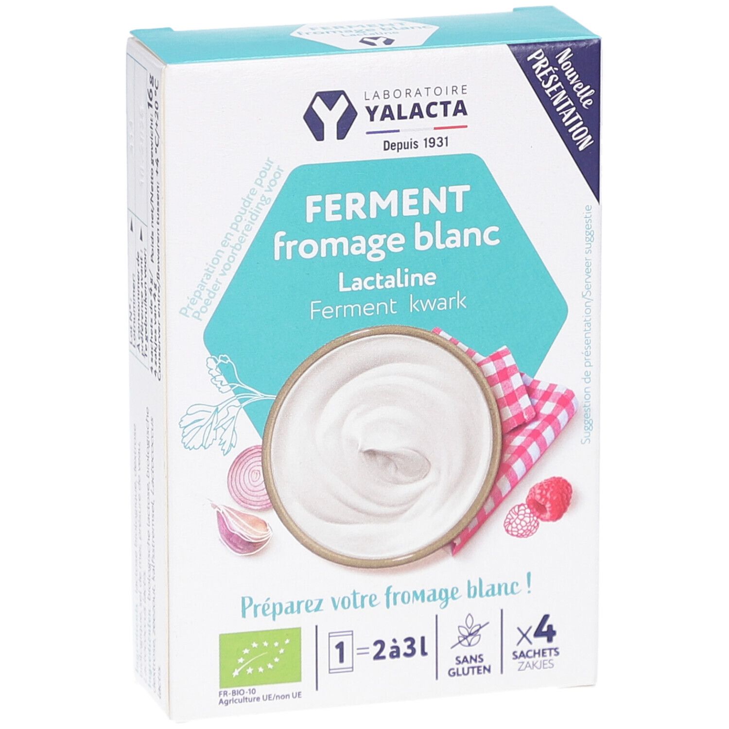 Boîte "FERMENT fromage blanc". Contient 4 sachets. Label bio. Visuel de fromage blanc et ingrédients.