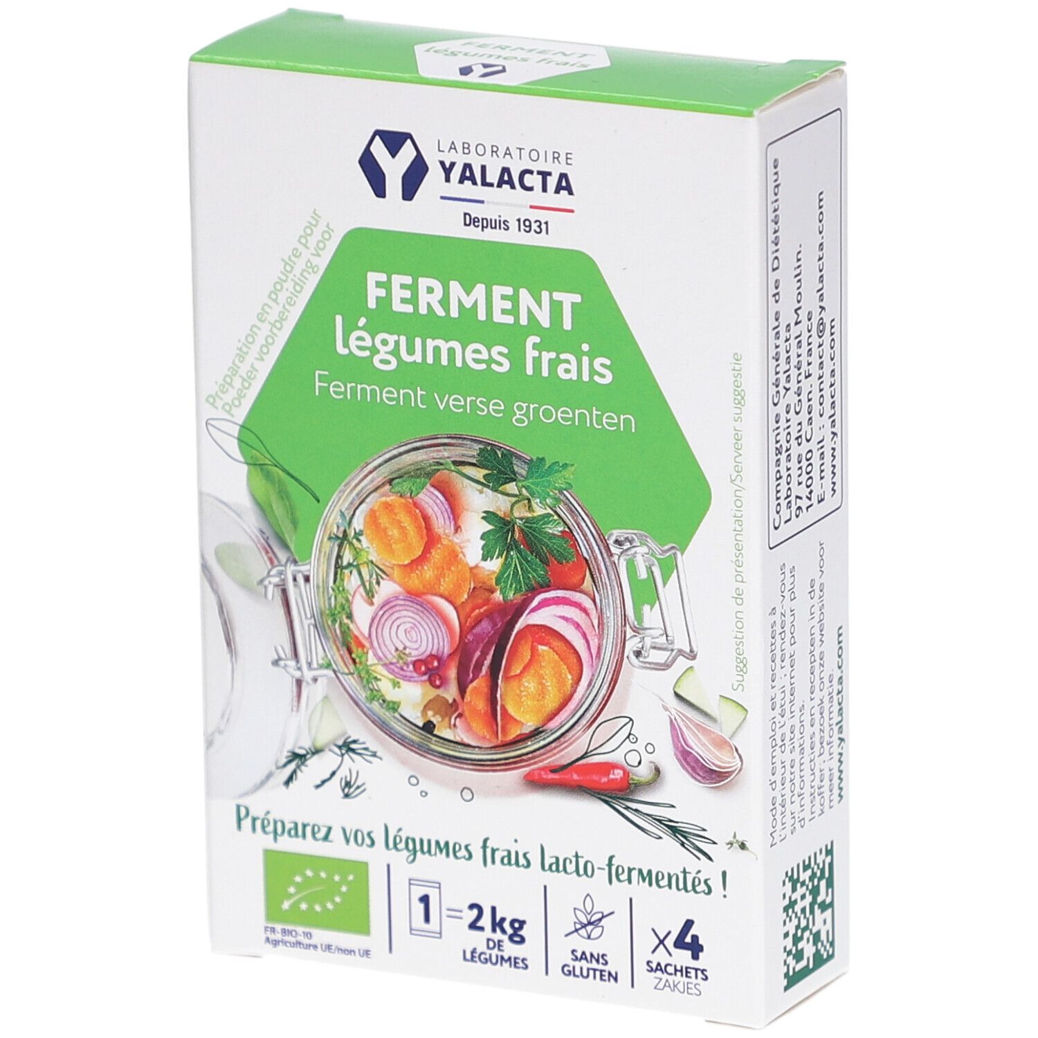Boîte Yalacta Ferment. Design vert avec illustration de légumes. Contient 4 sachets. Certification bio.