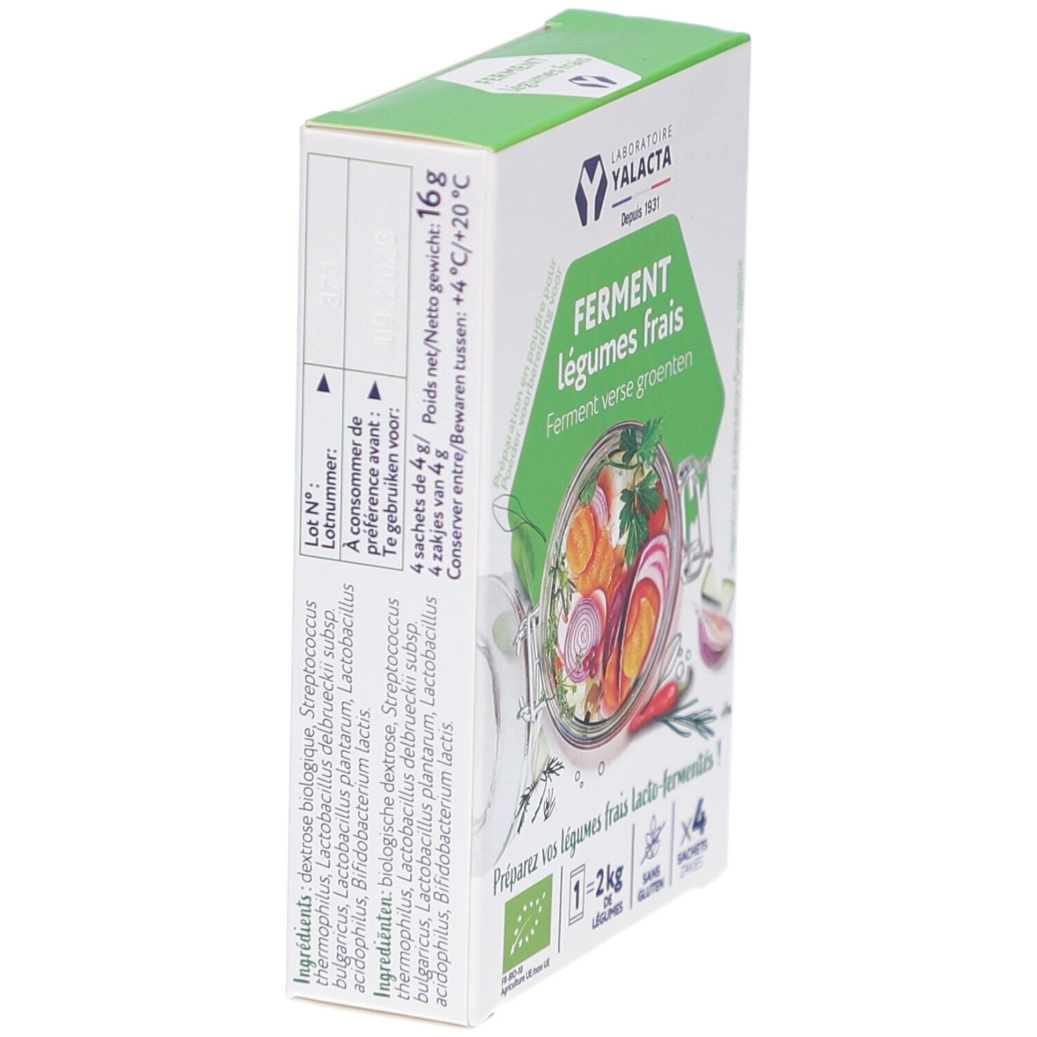 Vue latérale de la boîte Yalacta Ferment. Contient 4 sachets. Liste des ingrédients et informations nutritionnelles. Bio.