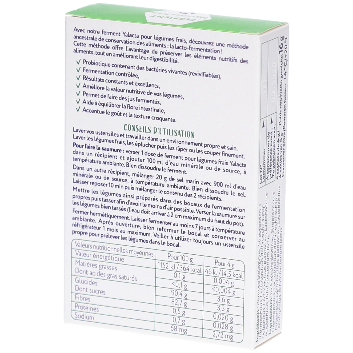 Dos de la boîte Yalacta Ferment. Instructions d'utilisation et informations nutritionnelles. Texte en français.